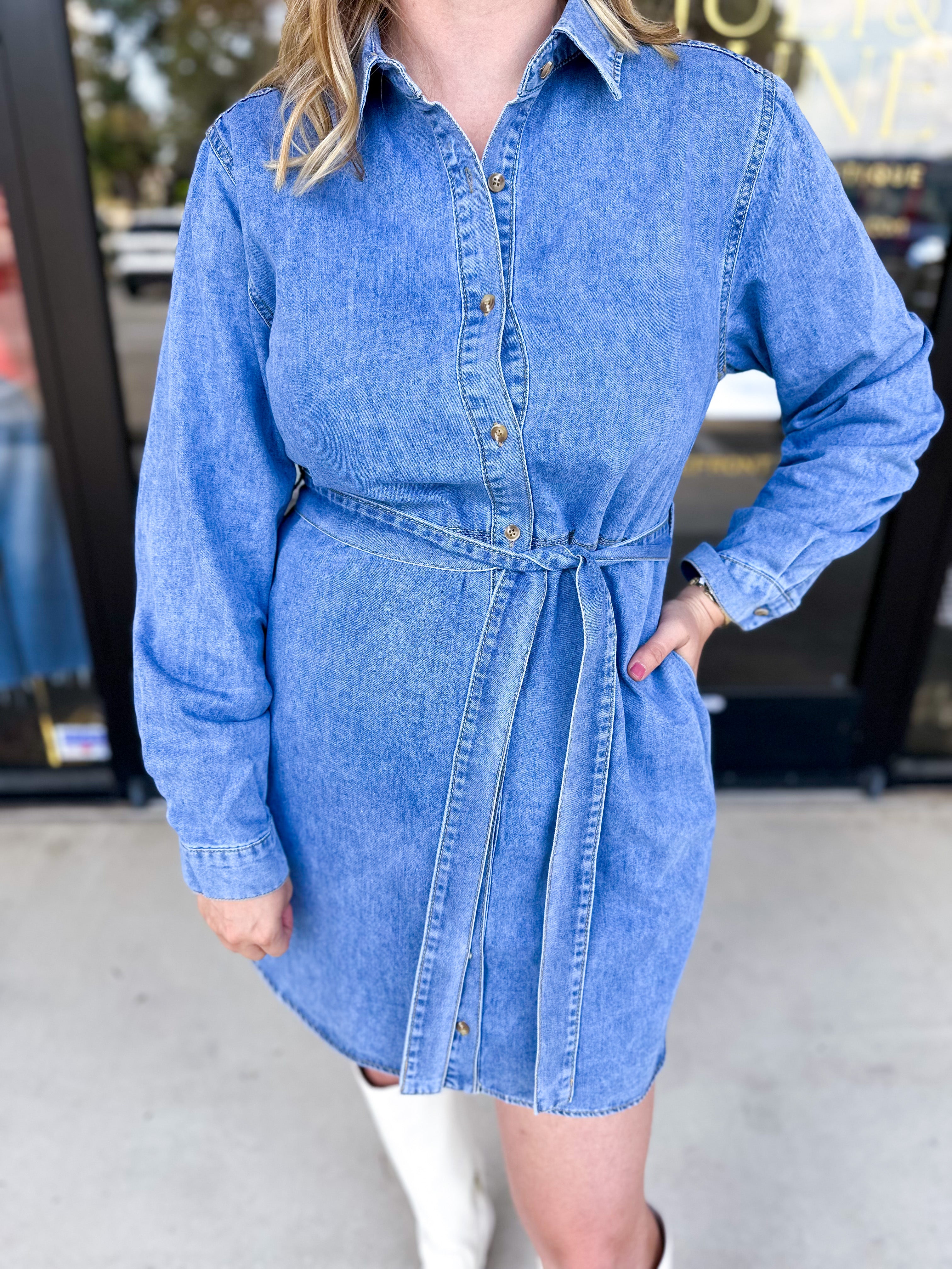 Denim Wrap Mini Dres-510 Mini-SKIES ARE BLUE-July & June Women's Fashion Boutique Located in San Antonio, Texas