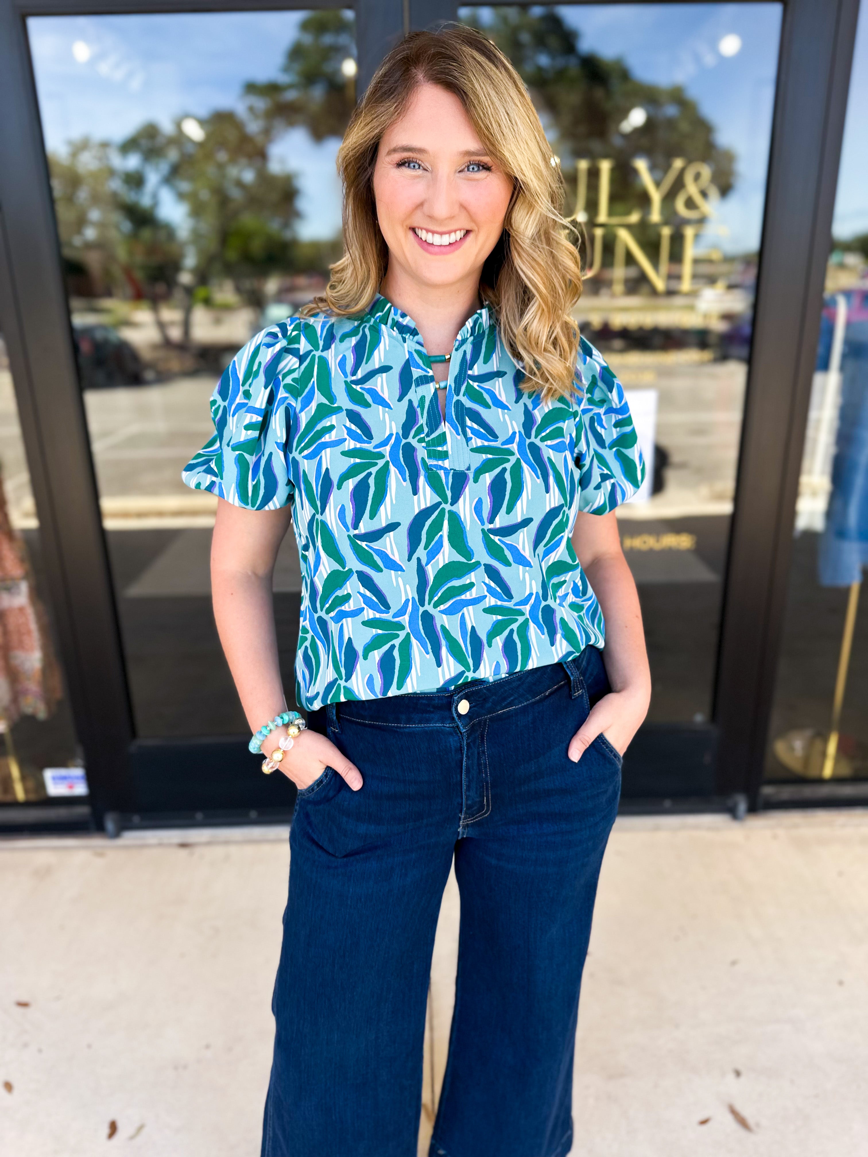 Mary Square - Lainey Reflecting Green Blouse-200 Fashion Blouses-MARY SQUARE-July & June Women's Fashion Boutique Located in San Antonio, Texas