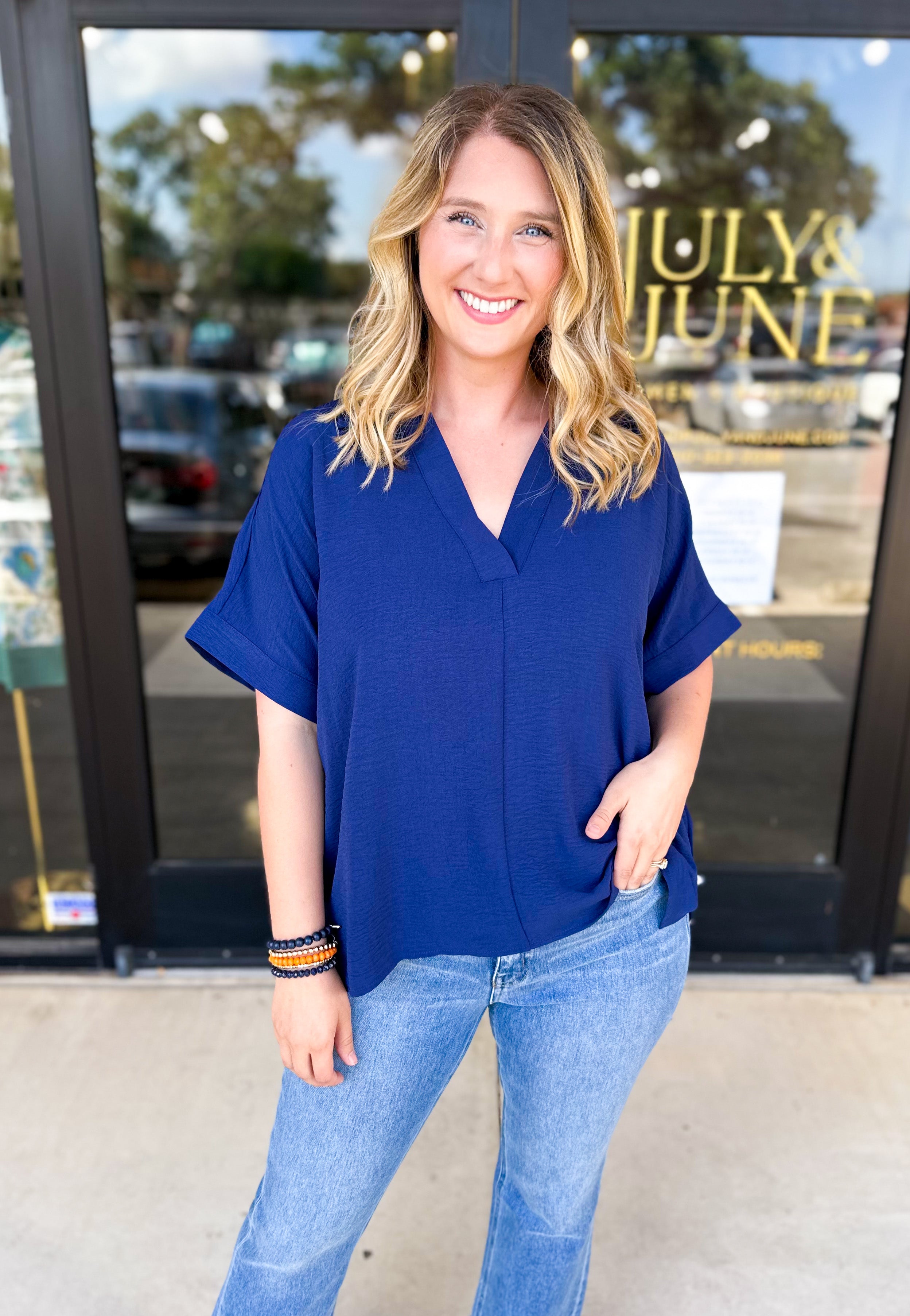 The Everyday Collard Blouse - Navy-200 Fashion Blouses-JODIFL-July & June Women's Fashion Boutique Located in San Antonio, Texas