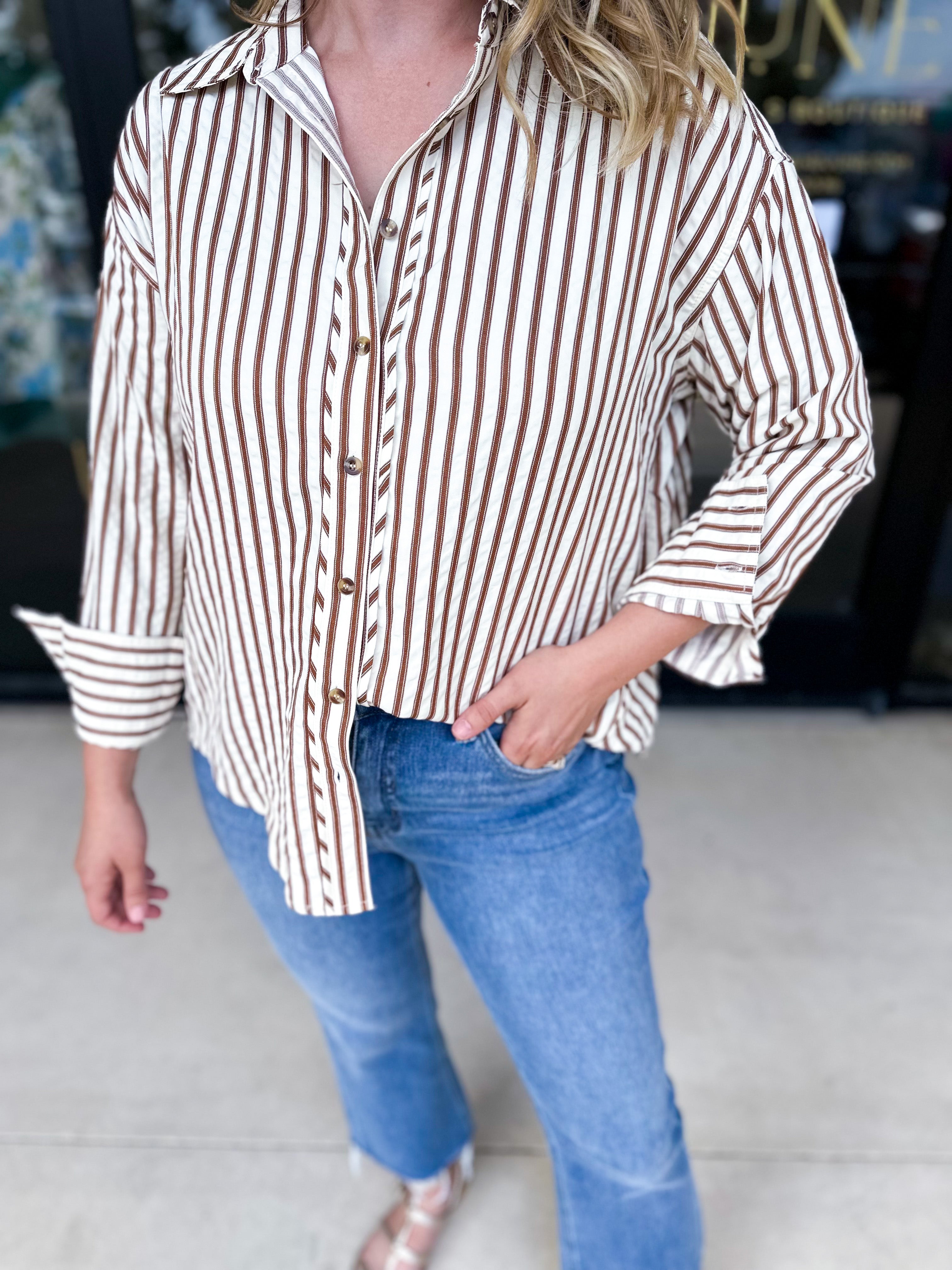 Casual Cute Button Down Blouse - Brown-200 Fashion Blouses-ENTRO-July & June Women's Fashion Boutique Located in San Antonio, Texas