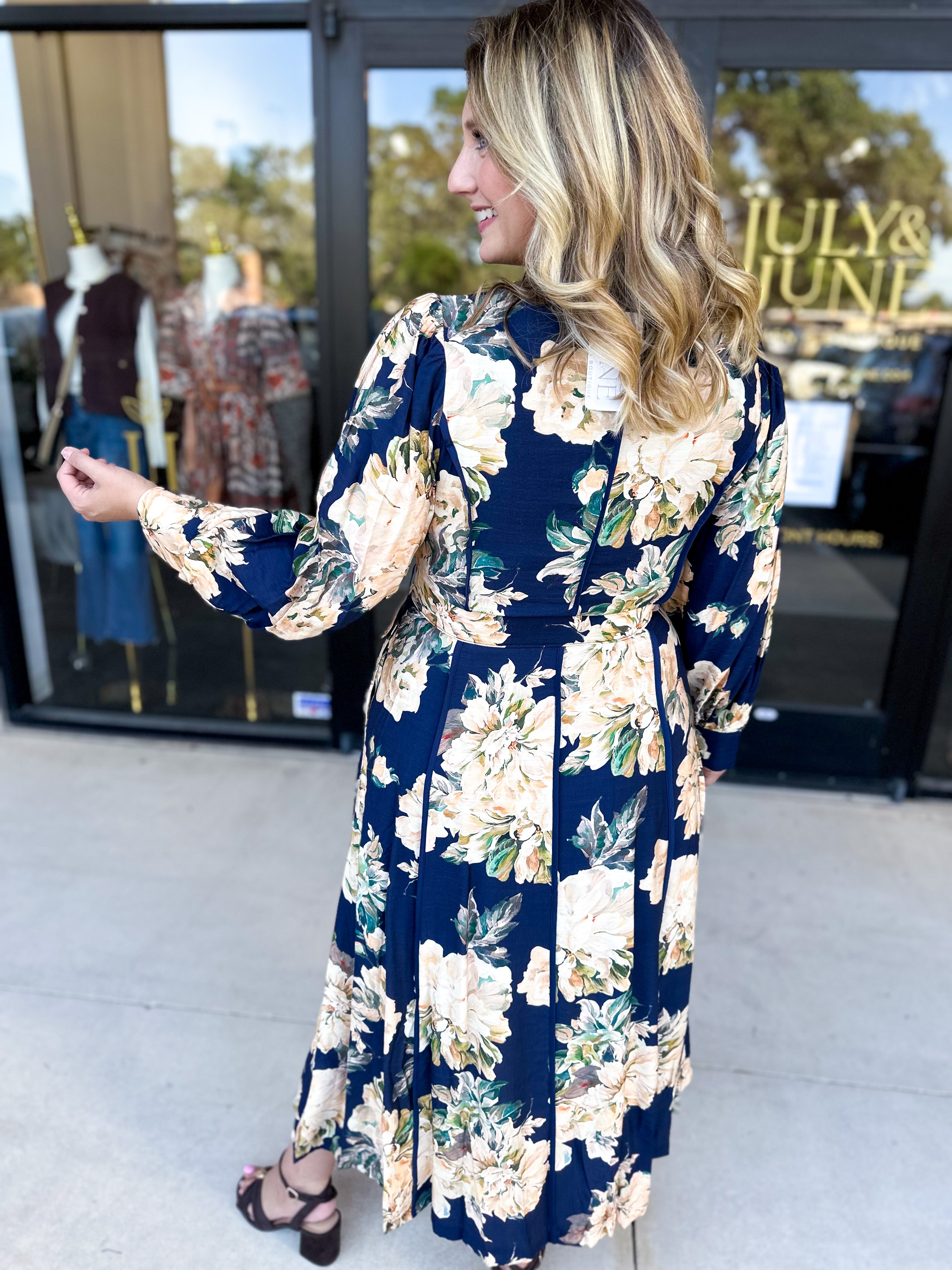 Fall Meadows Midi Dress - Midnight Blue-500 Midi-ENTRO-July & June Women's Fashion Boutique Located in San Antonio, Texas