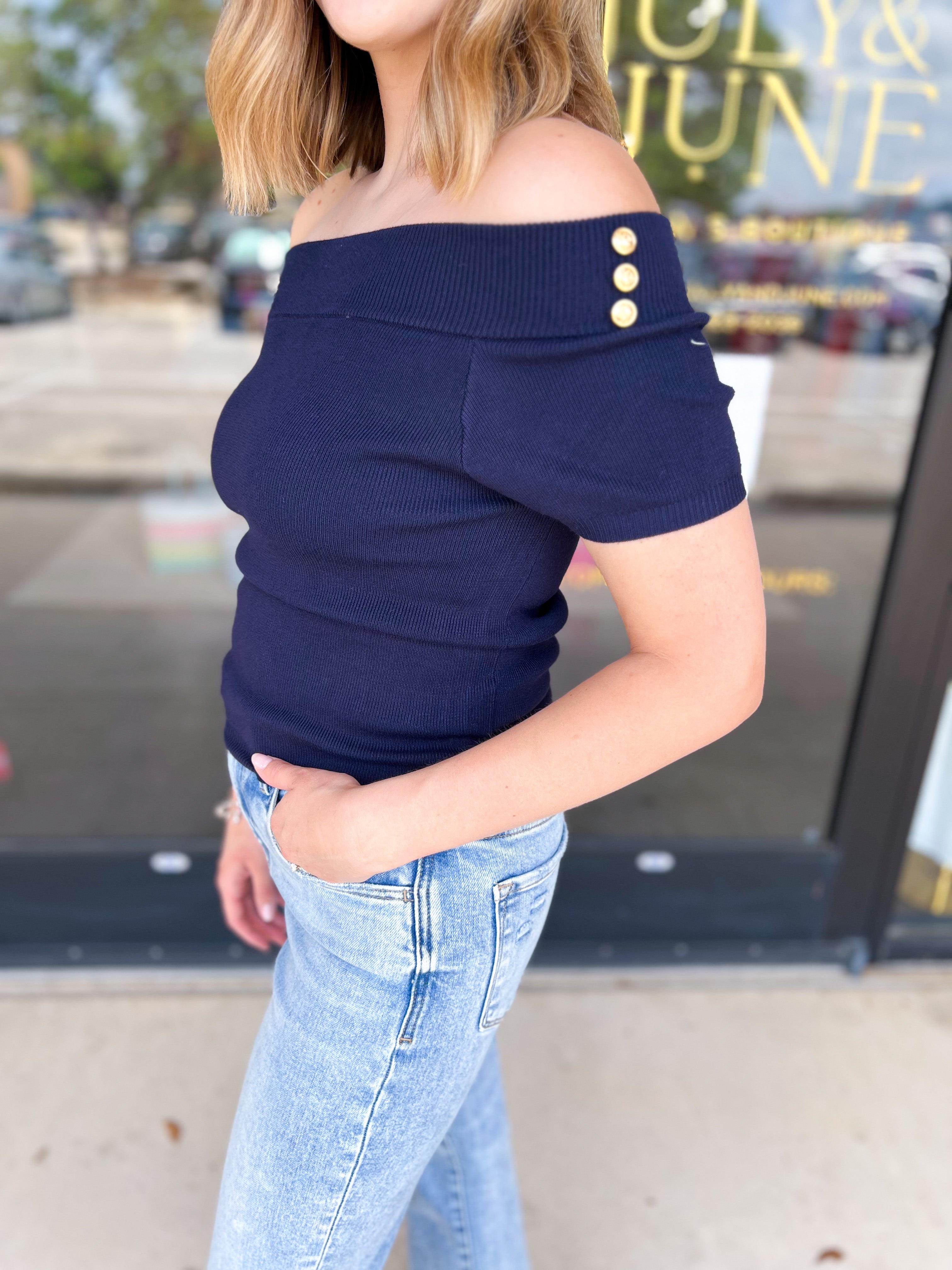 Navy Knit Off The Shoulder Top-200 Fashion Blouses-FLYING TOMATO-July & June Women's Fashion Boutique Located in San Antonio, Texas