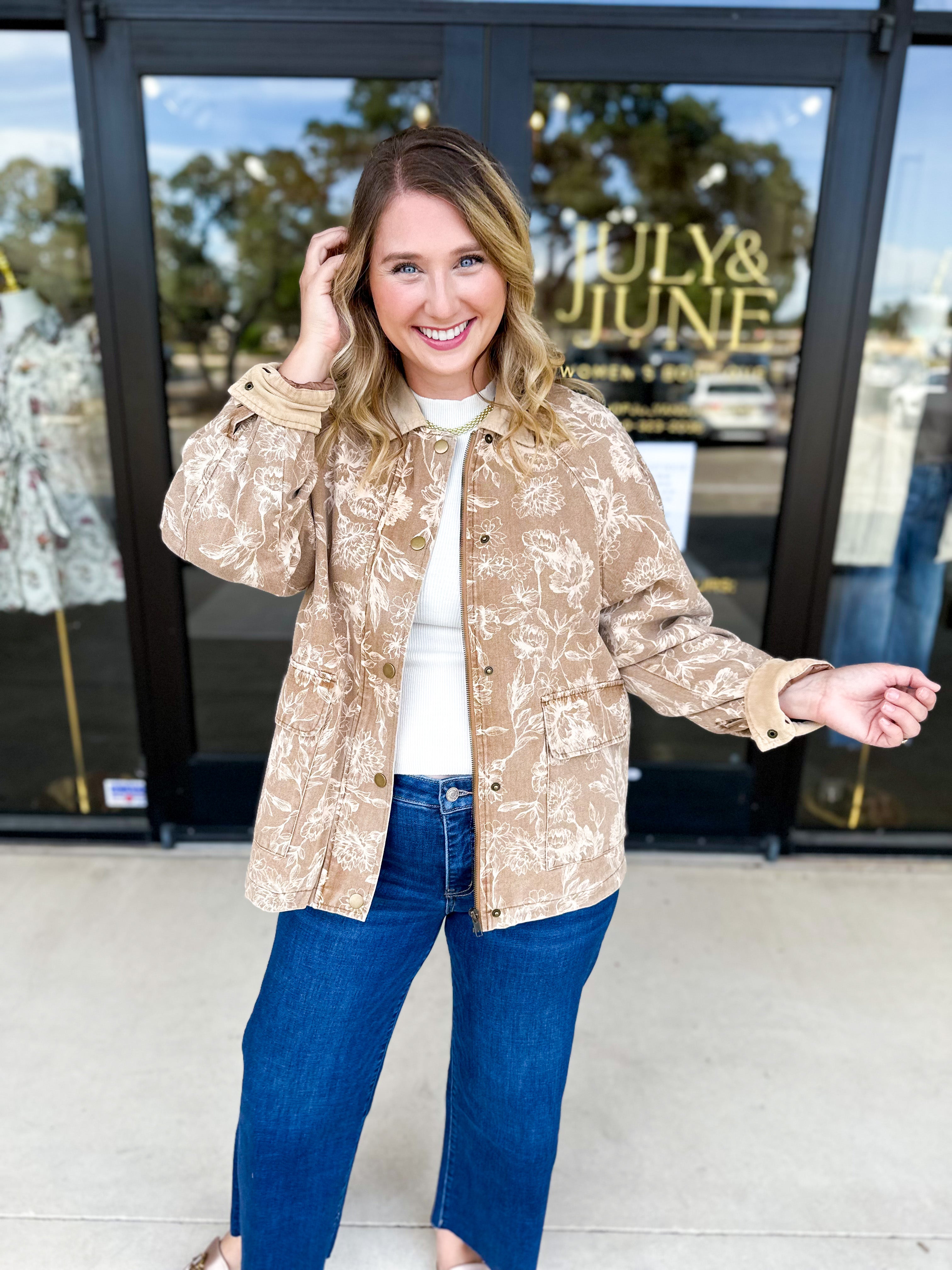 Tan Floral Jacket-600 Outerwear-FATE-July & June Women's Fashion Boutique Located in San Antonio, Texas