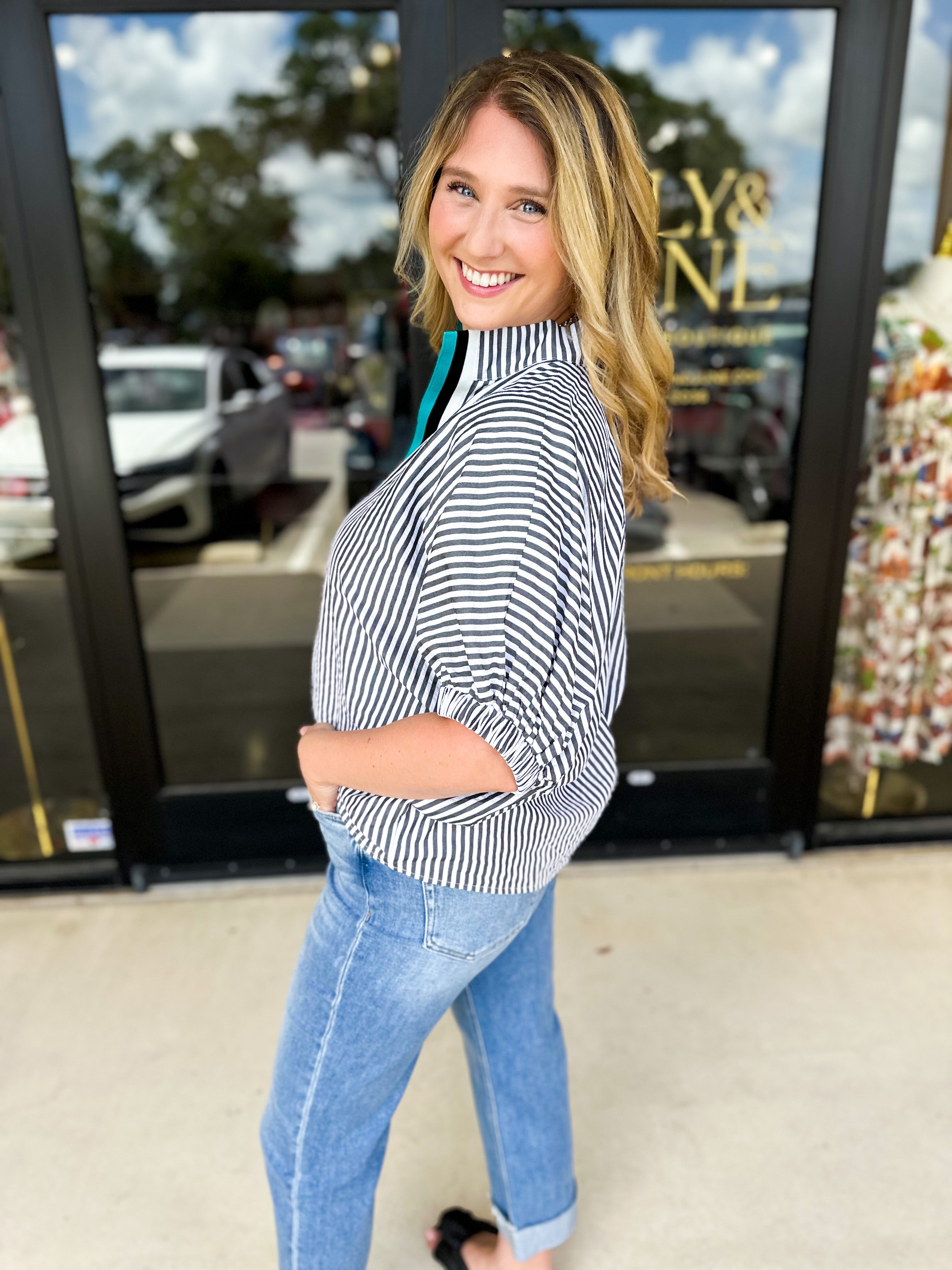 Fall Varsity Stripe Blouse - Black-200 Fashion Blouses-ENTRO-July & June Women's Fashion Boutique Located in San Antonio, Texas