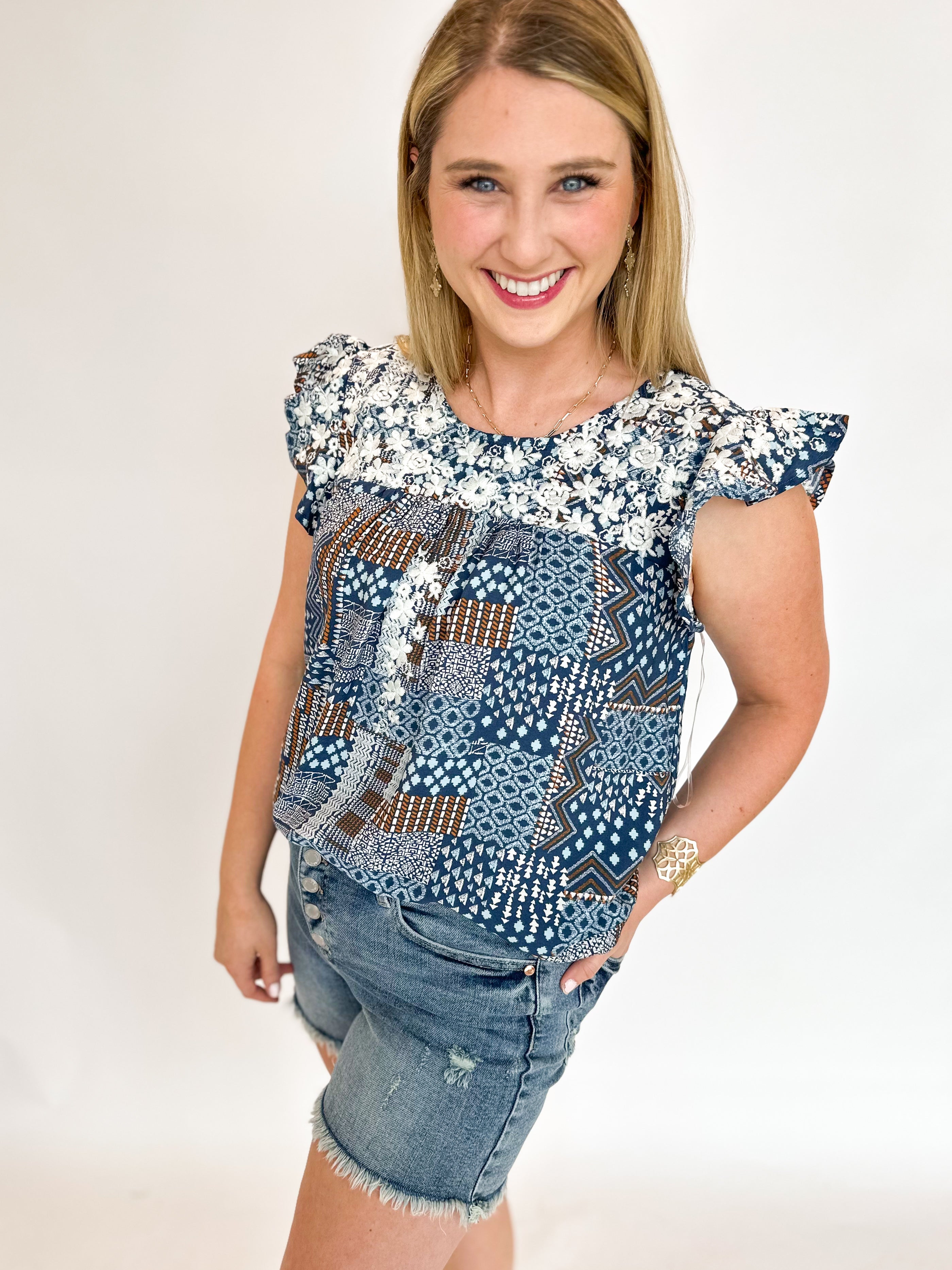 Blue Patchwork Embroidered Blouse-200 Fashion Blouses-ANDREE BY UNIT-July & June Women's Fashion Boutique Located in San Antonio, Texas