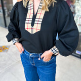 Tan & Black Tartan Blouse-200 Fashion Blouses-JODIFL-July & June Women's Fashion Boutique Located in San Antonio, Texas