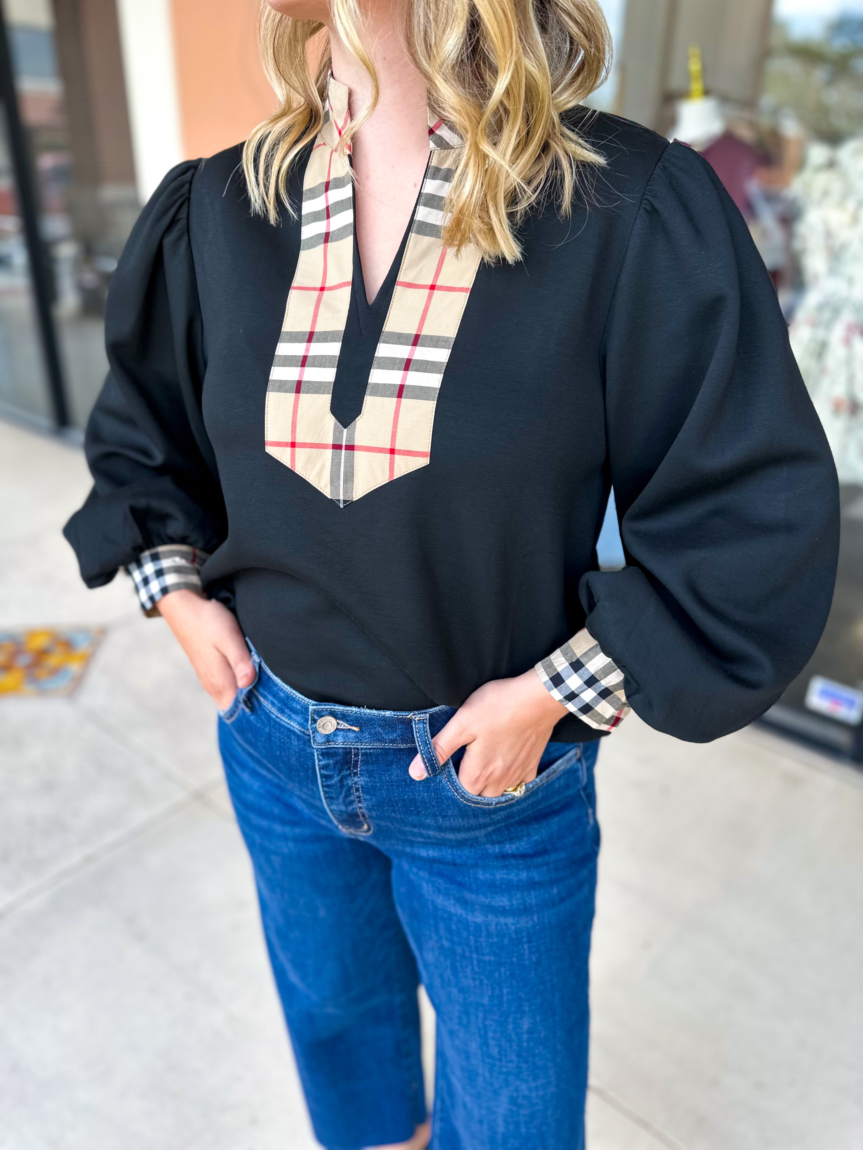 Tan & Black Tartan Blouse-200 Fashion Blouses-JODIFL-July & June Women's Fashion Boutique Located in San Antonio, Texas