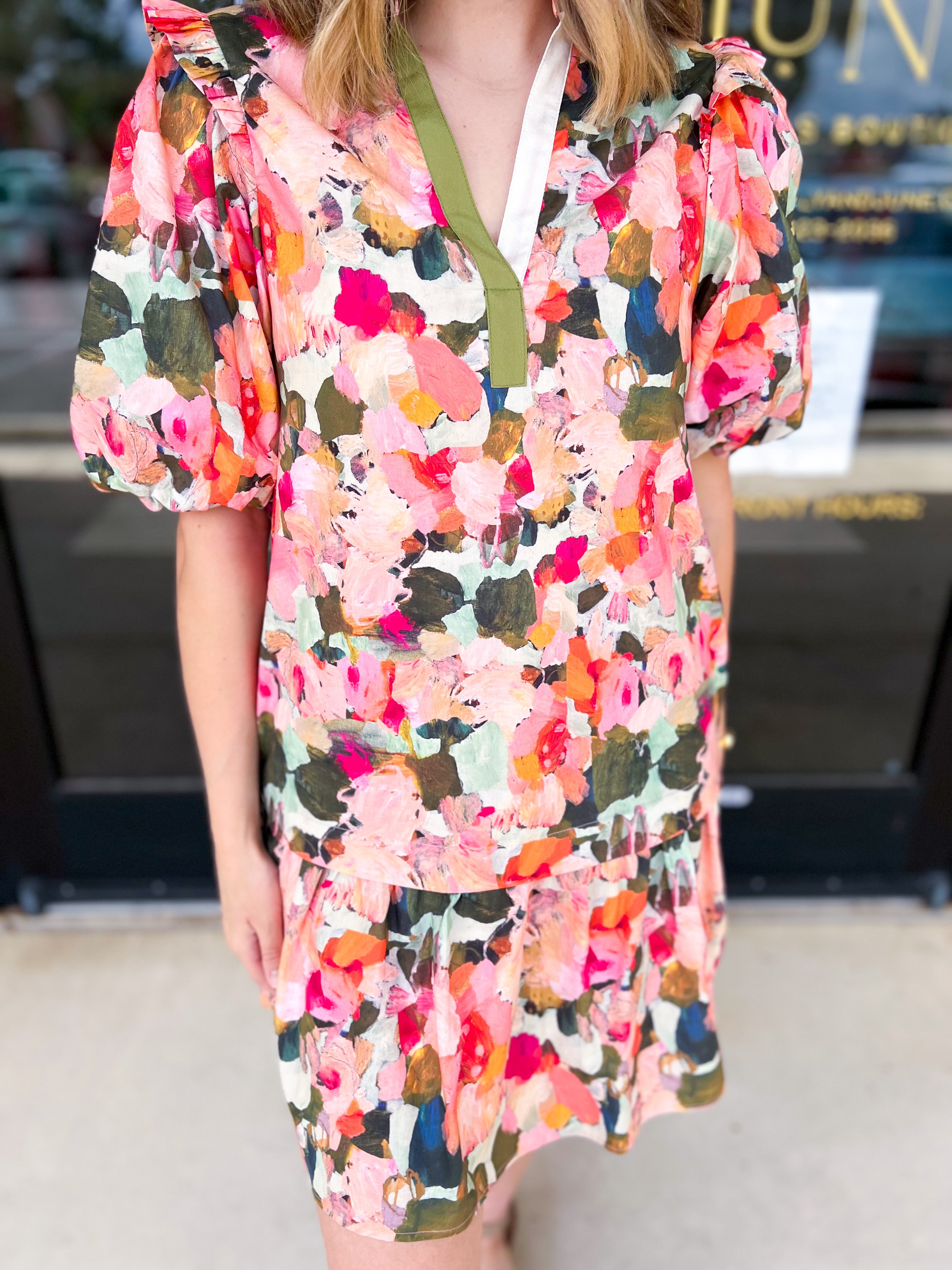 THML - Pink & Olive Abstract Mini Dress-510 Mini-THML-July & June Women's Fashion Boutique Located in San Antonio, Texas
