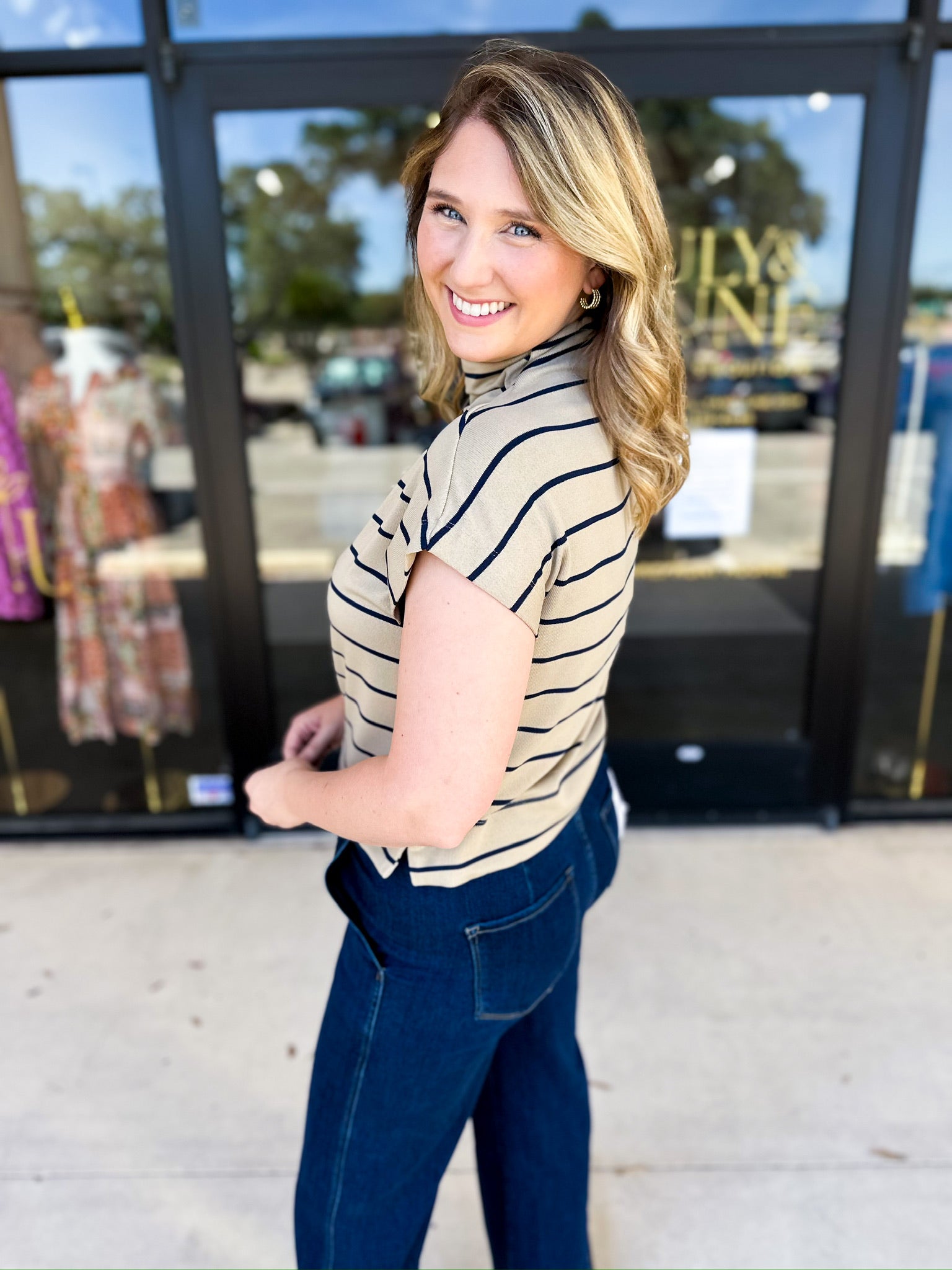 Oatmeal Stripe Comfy Tee-210 Casual Blouses-ENTRO-July & June Women's Fashion Boutique Located in San Antonio, Texas