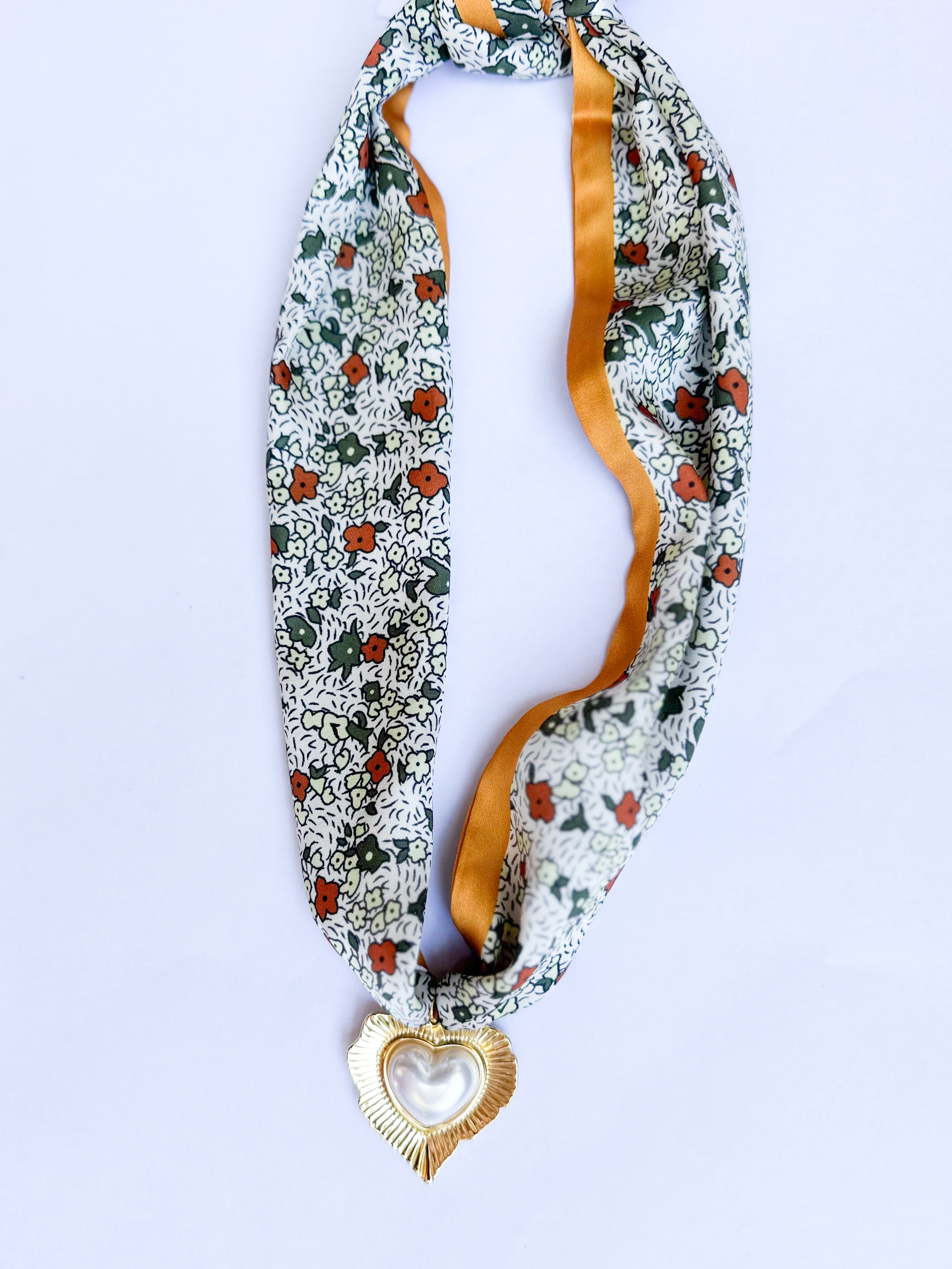 Scarf Necklace - Mustard Florals & Gold Heart-110 Jewelry & Hair-HART DESIGNS-July & June Women's Fashion Boutique Located in San Antonio, Texas
