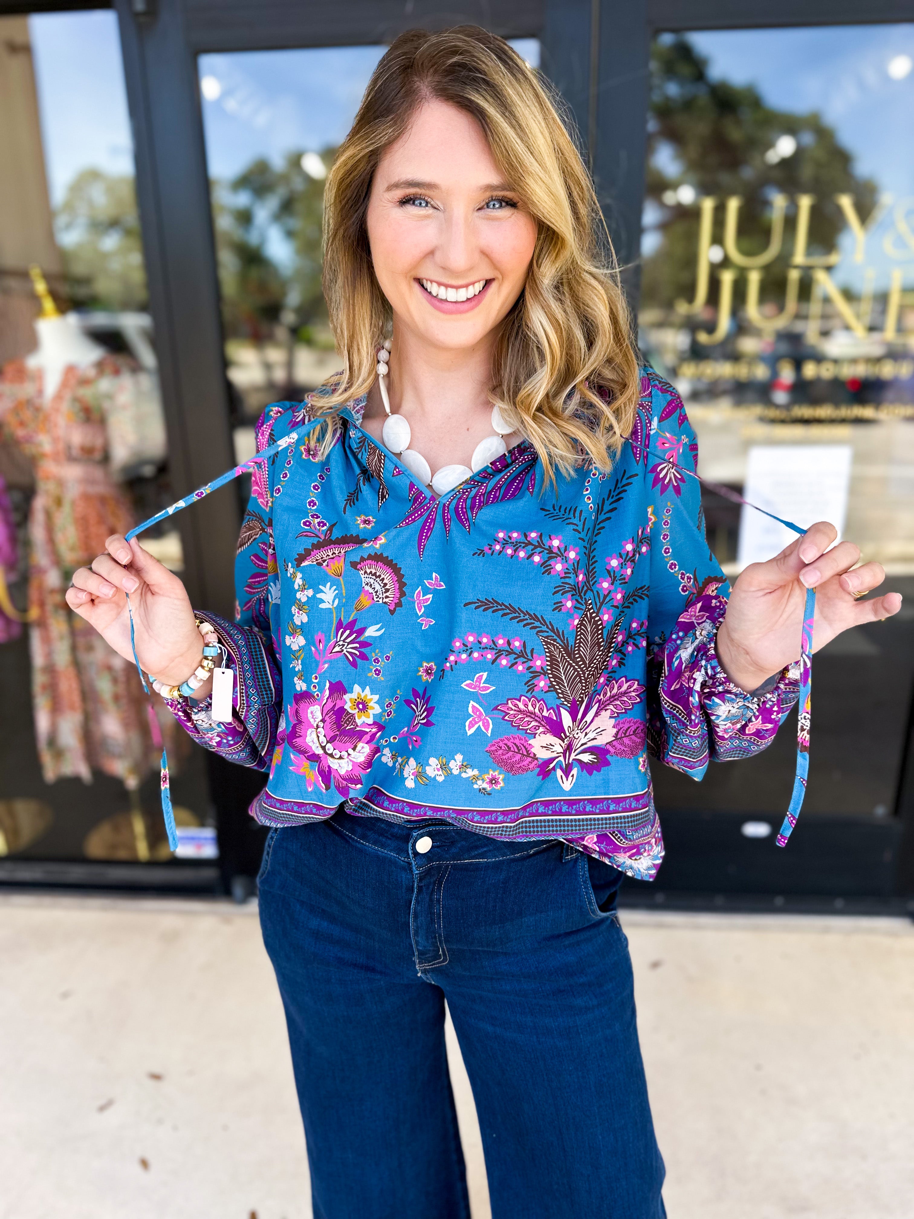 Teal & Lavender Blouse-200 Fashion Blouses-FATE-July & June Women's Fashion Boutique Located in San Antonio, Texas