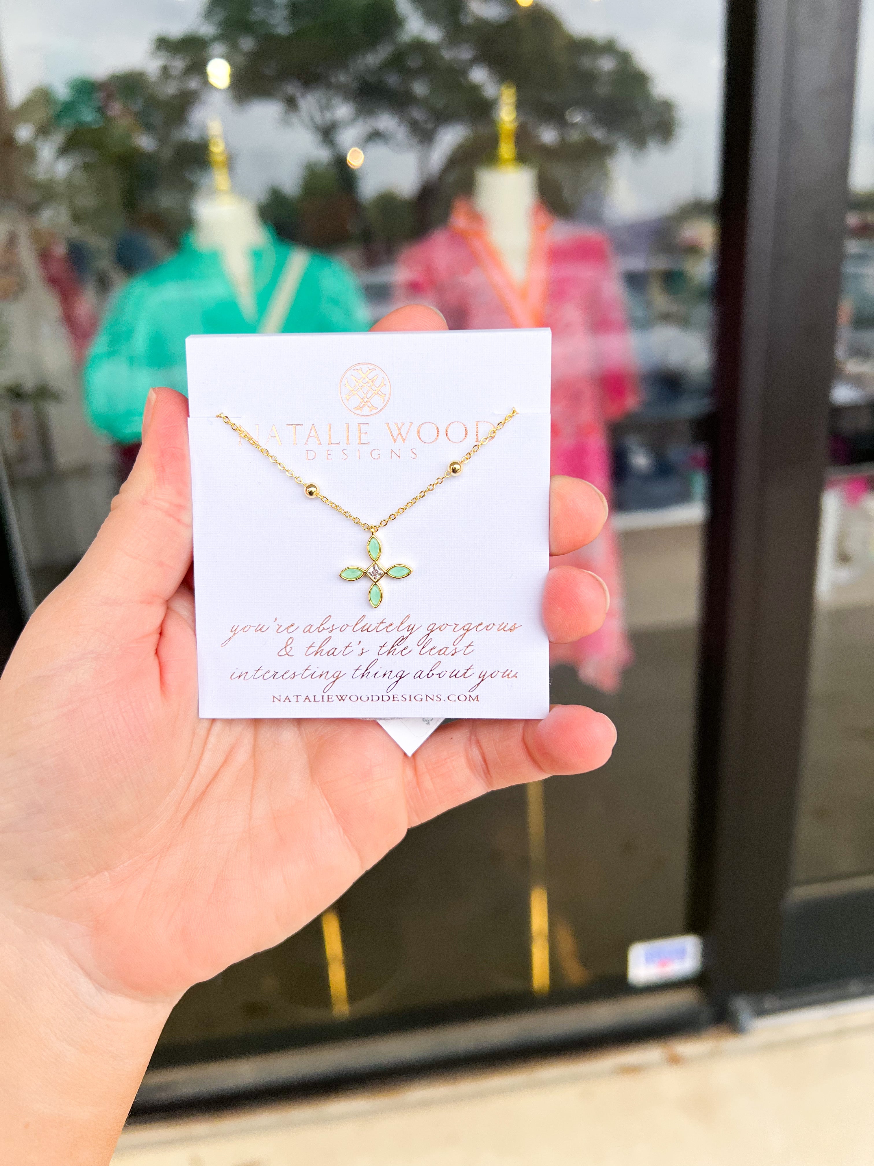 Natalie Wood - Radiant Cross Drop Necklace in Mint-110 Jewelry & Hair-Natalie Wood-July & June Women's Fashion Boutique Located in San Antonio, Texas