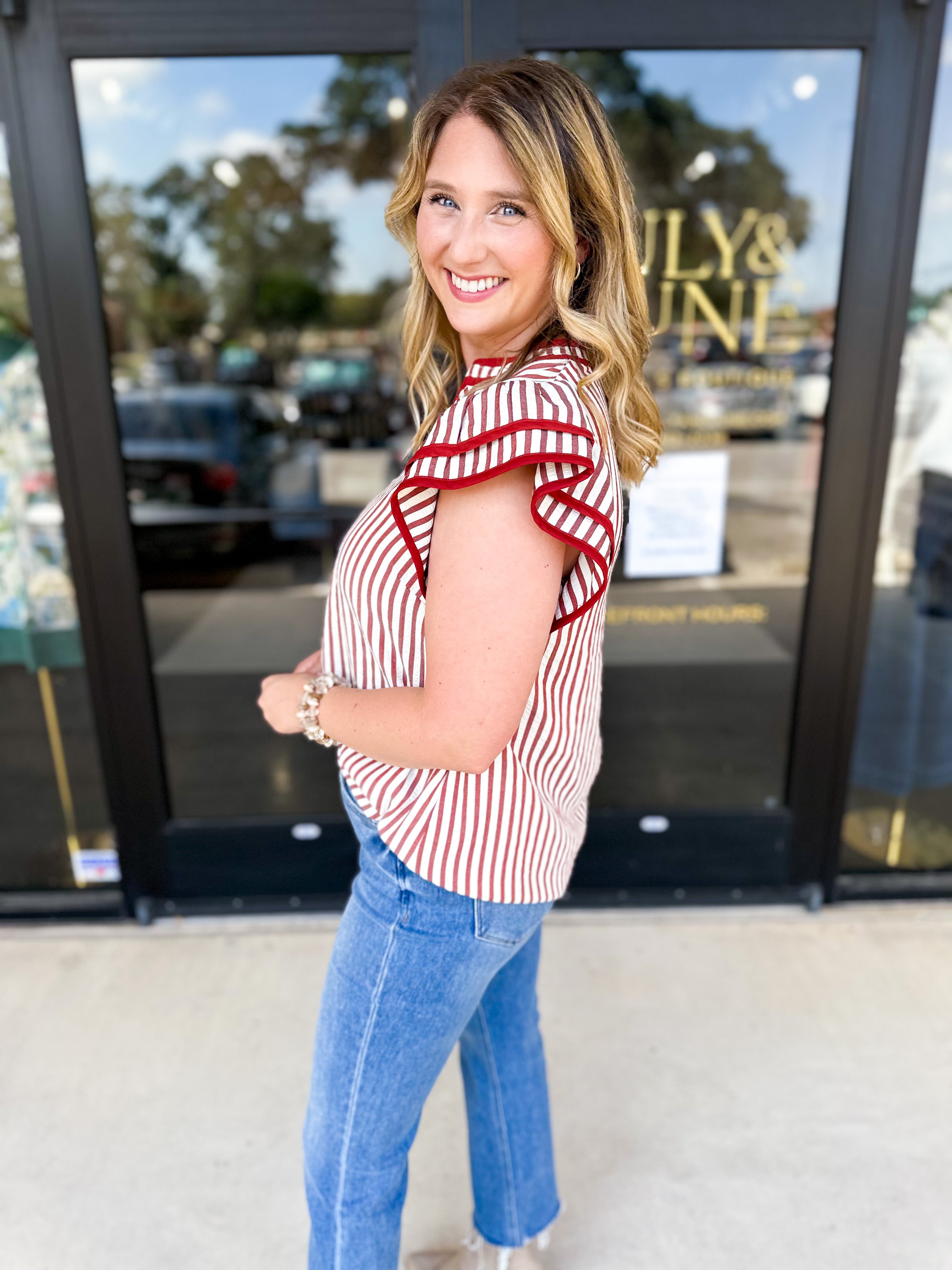 Rust Stripe Blouse-200 Fashion Blouses-ENTRO-July & June Women's Fashion Boutique Located in San Antonio, Texas