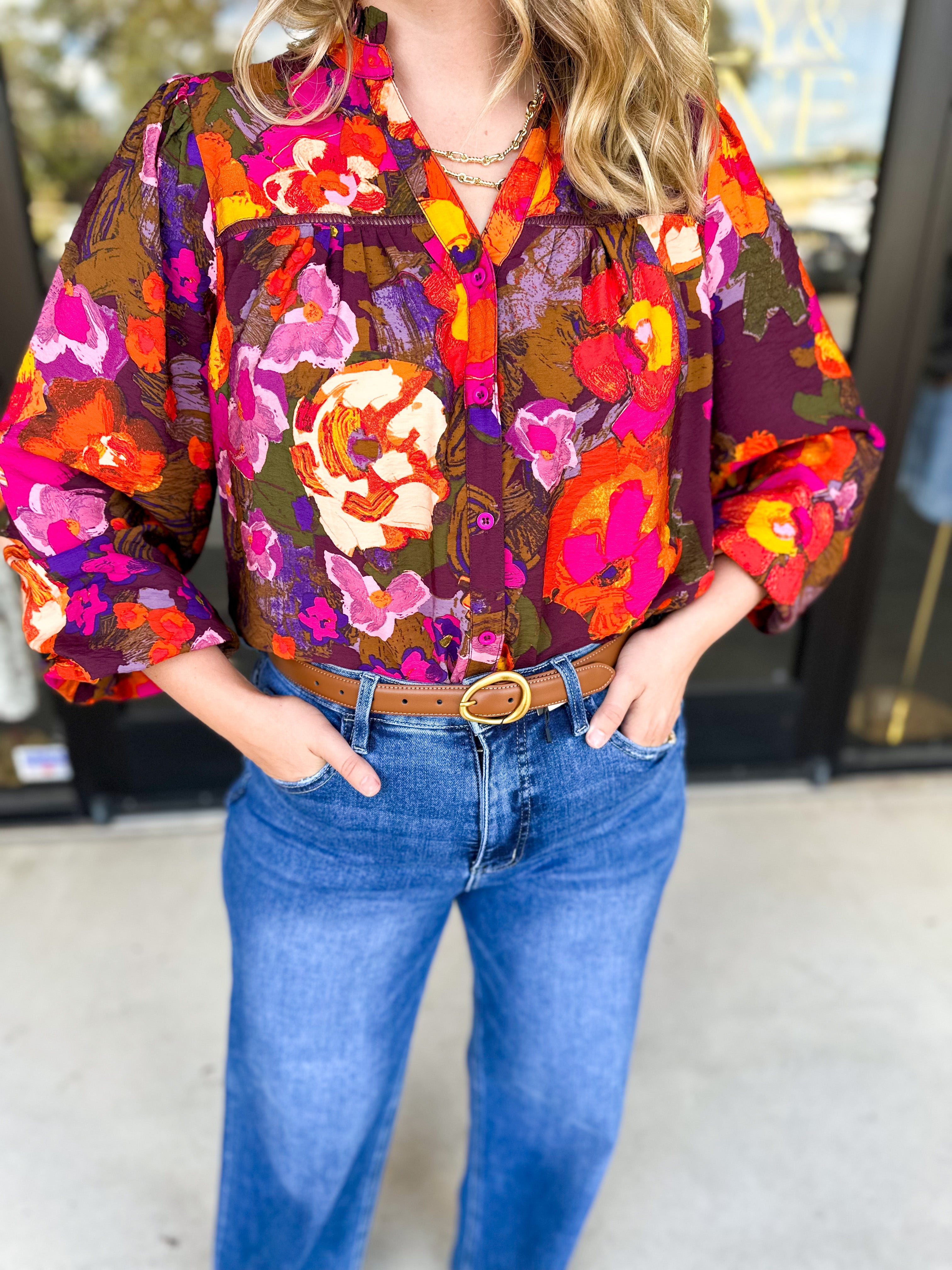 Vibrant Fall Florals Blouse-200 Fashion Blouses-FATE-July & June Women's Fashion Boutique Located in San Antonio, Texas