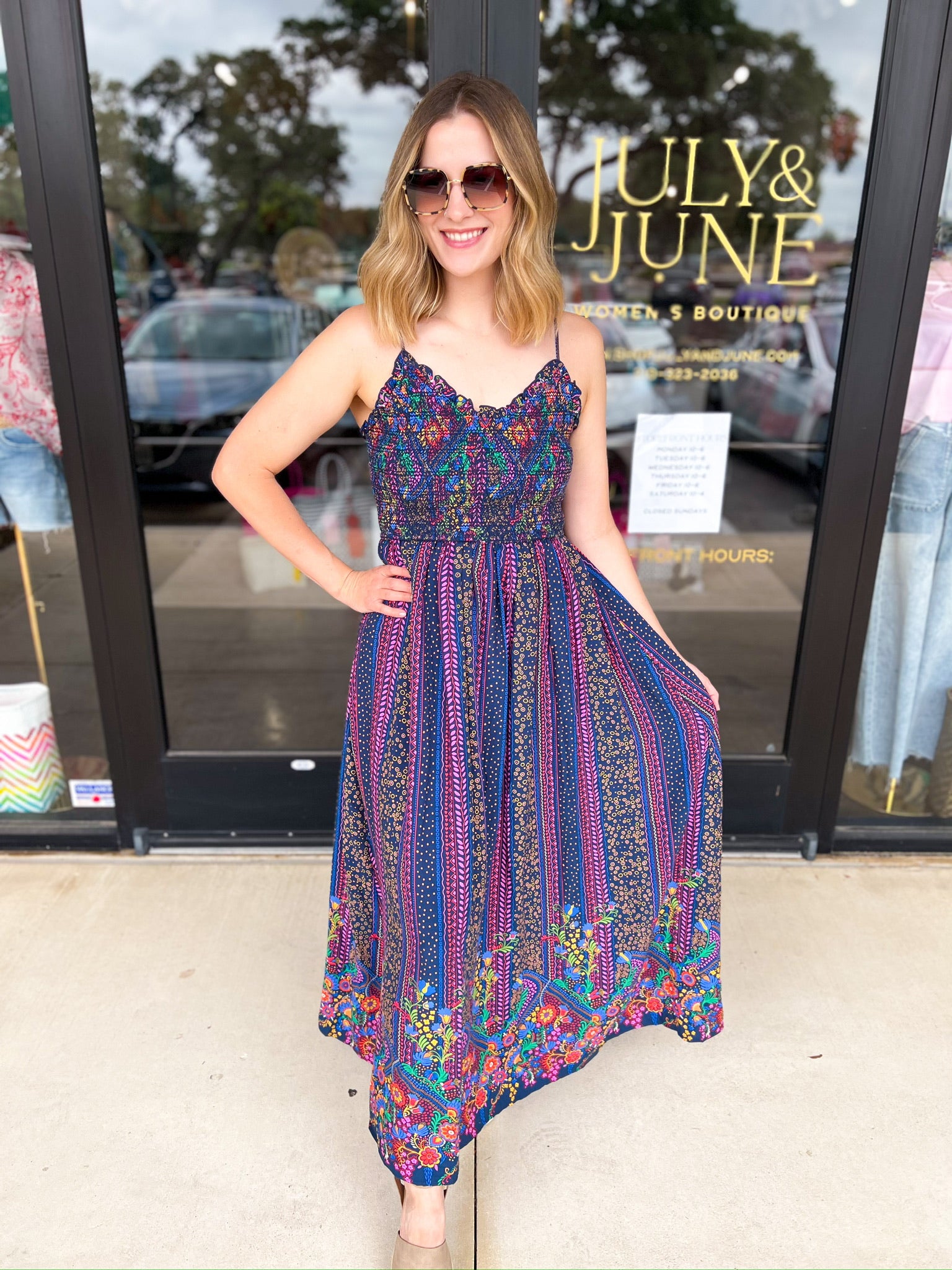 The Rowen Smocked Midi Dress-500 Midi-FATE-July & June Women's Fashion Boutique Located in San Antonio, Texas
