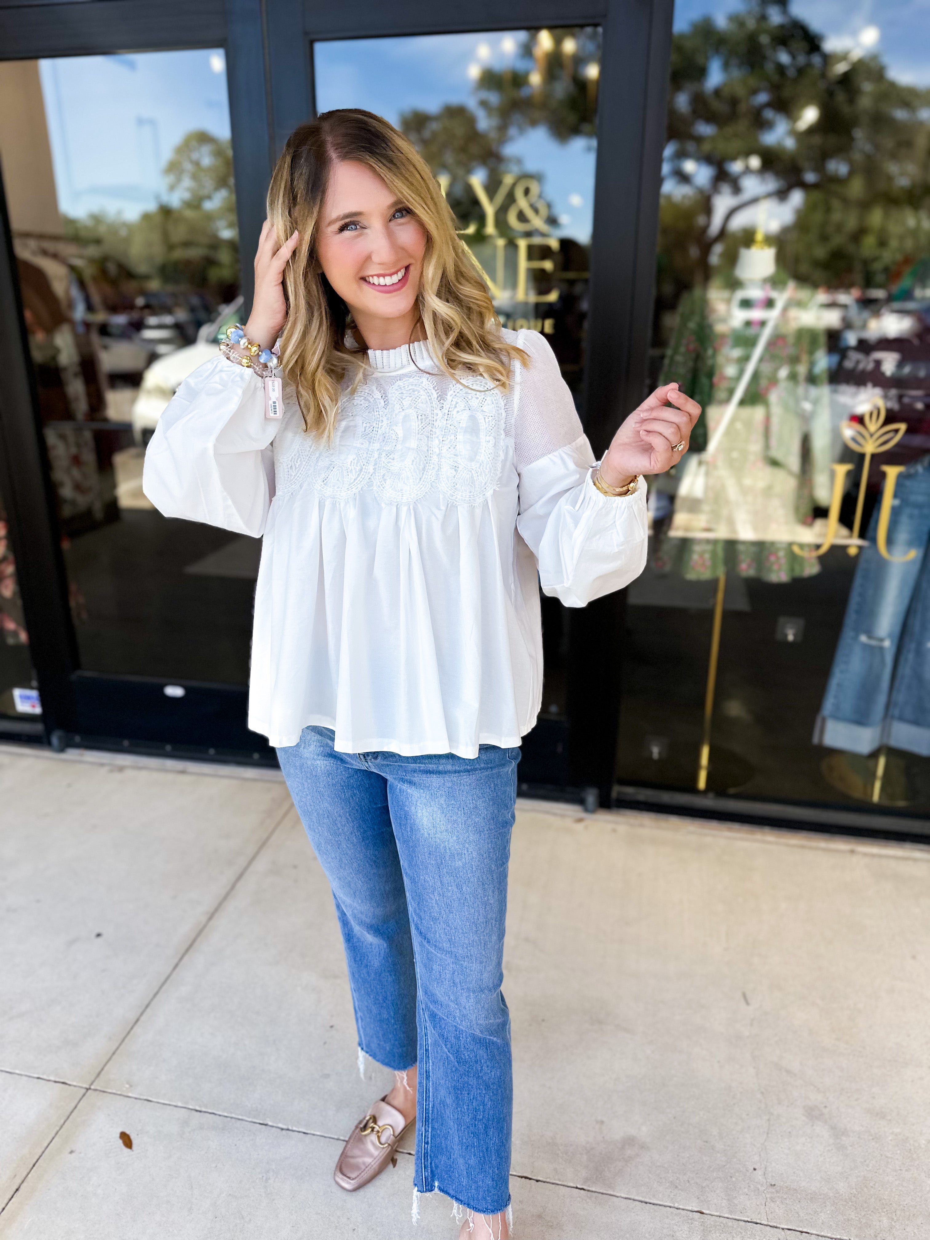 The Lace Details Blouse Long Sleeve - Ivory-200 Fashion Blouses-FATE-July & June Women's Fashion Boutique Located in San Antonio, Texas
