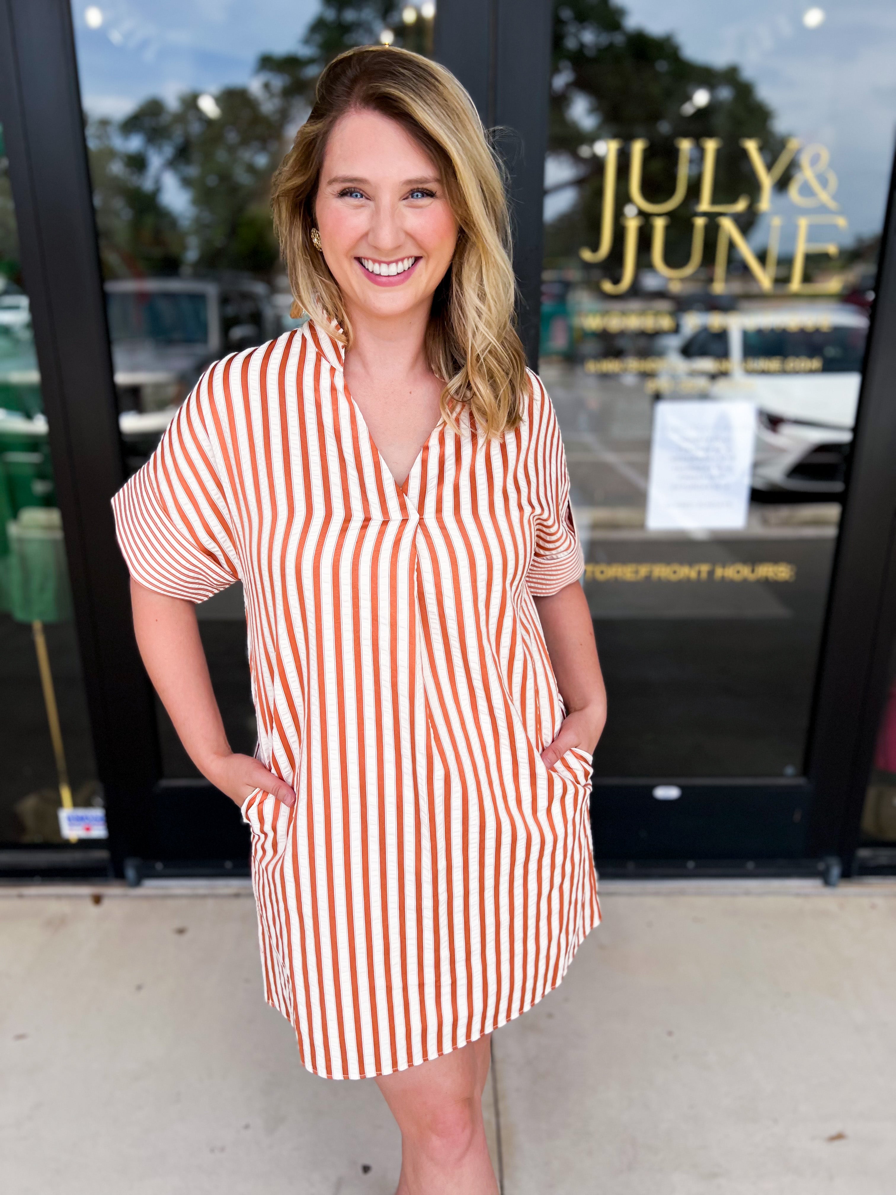THML - Rust Stripe Mini Dress-510 Mini-THML-July & June Women's Fashion Boutique Located in San Antonio, Texas