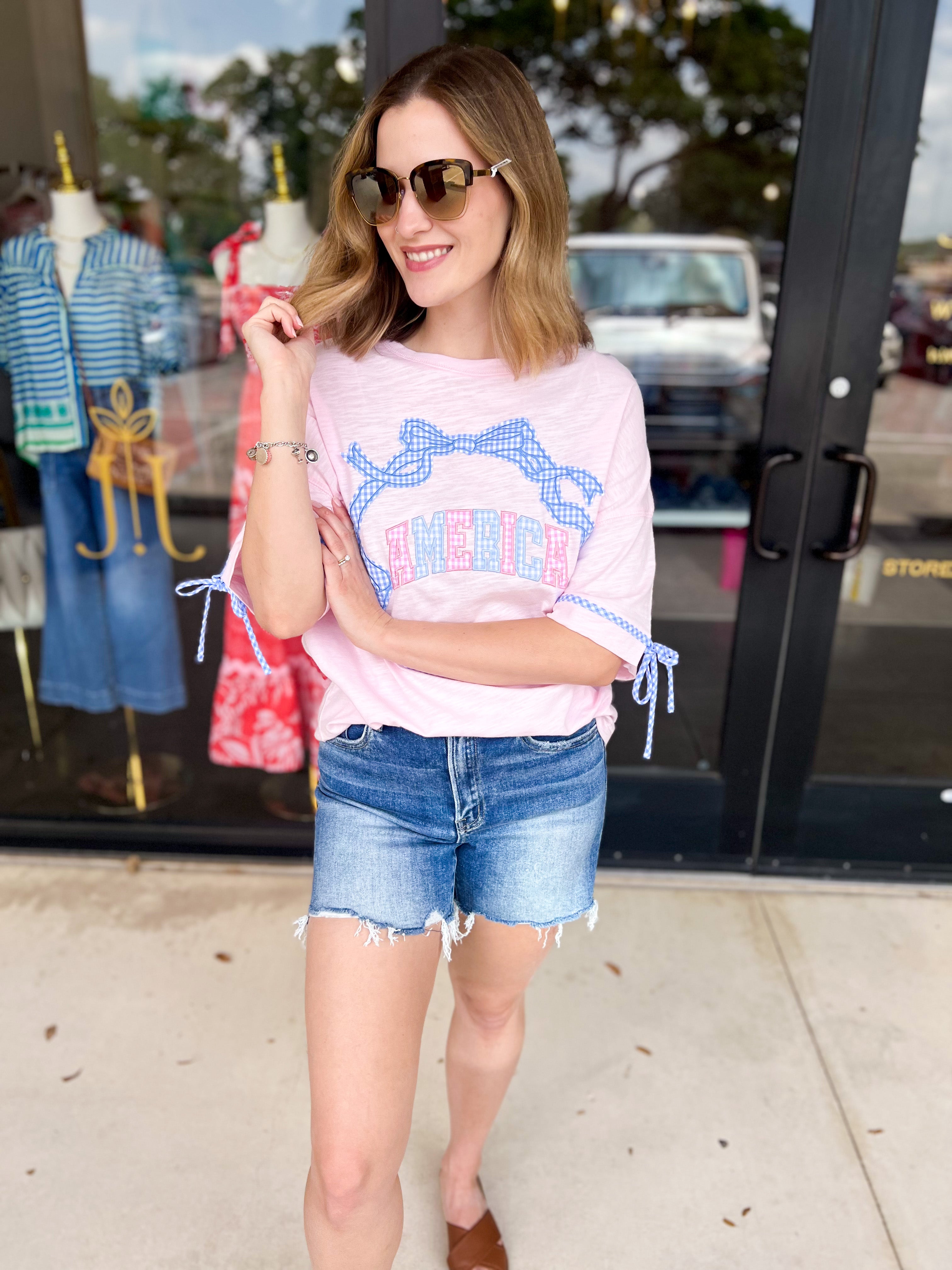Pink Gingham USA Tee-210 Casual Blouses-PEACH LOVE-July & June Women's Fashion Boutique Located in San Antonio, Texas