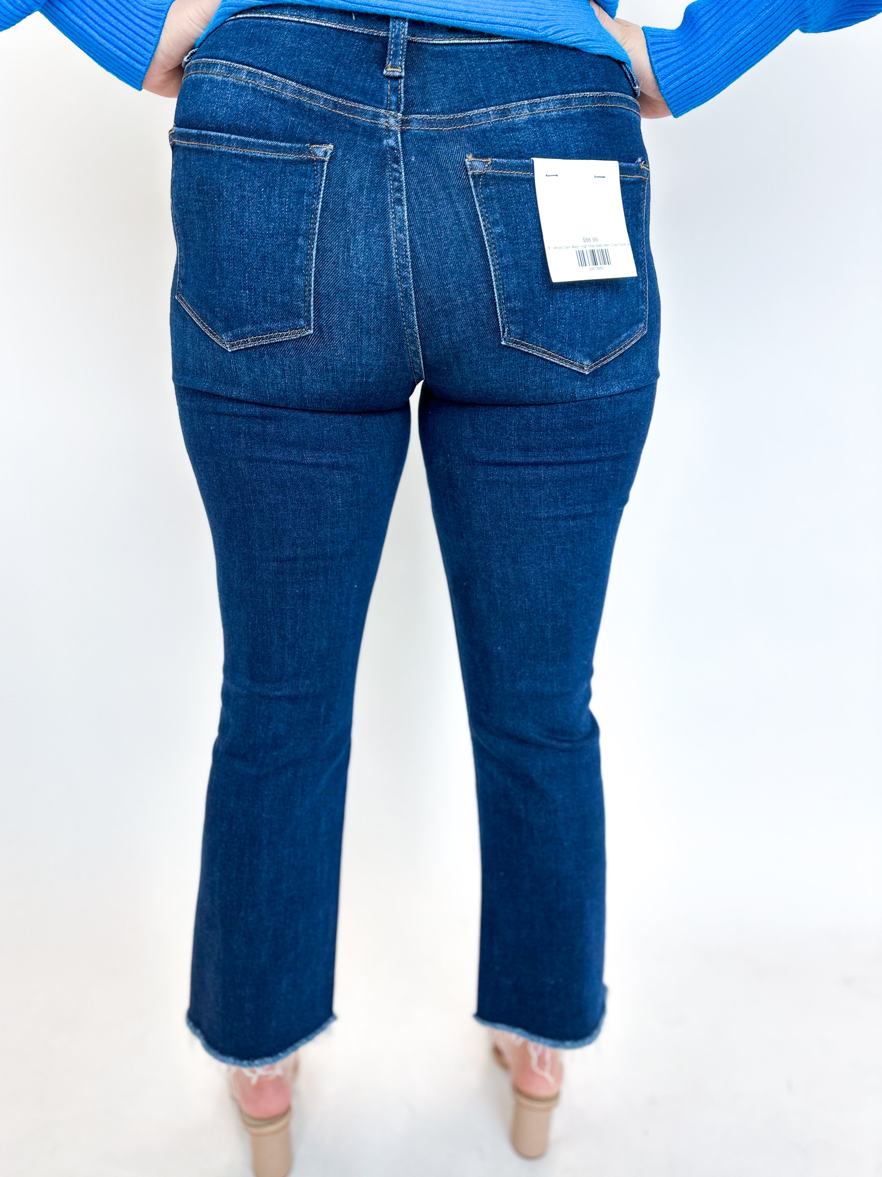 Vervet Dark Wash High Rise Step Hem Crop Flare Jeans-400 Pants-VEVERT BY FLYING MONKEY-July & June Women's Fashion Boutique Located in San Antonio, Texas