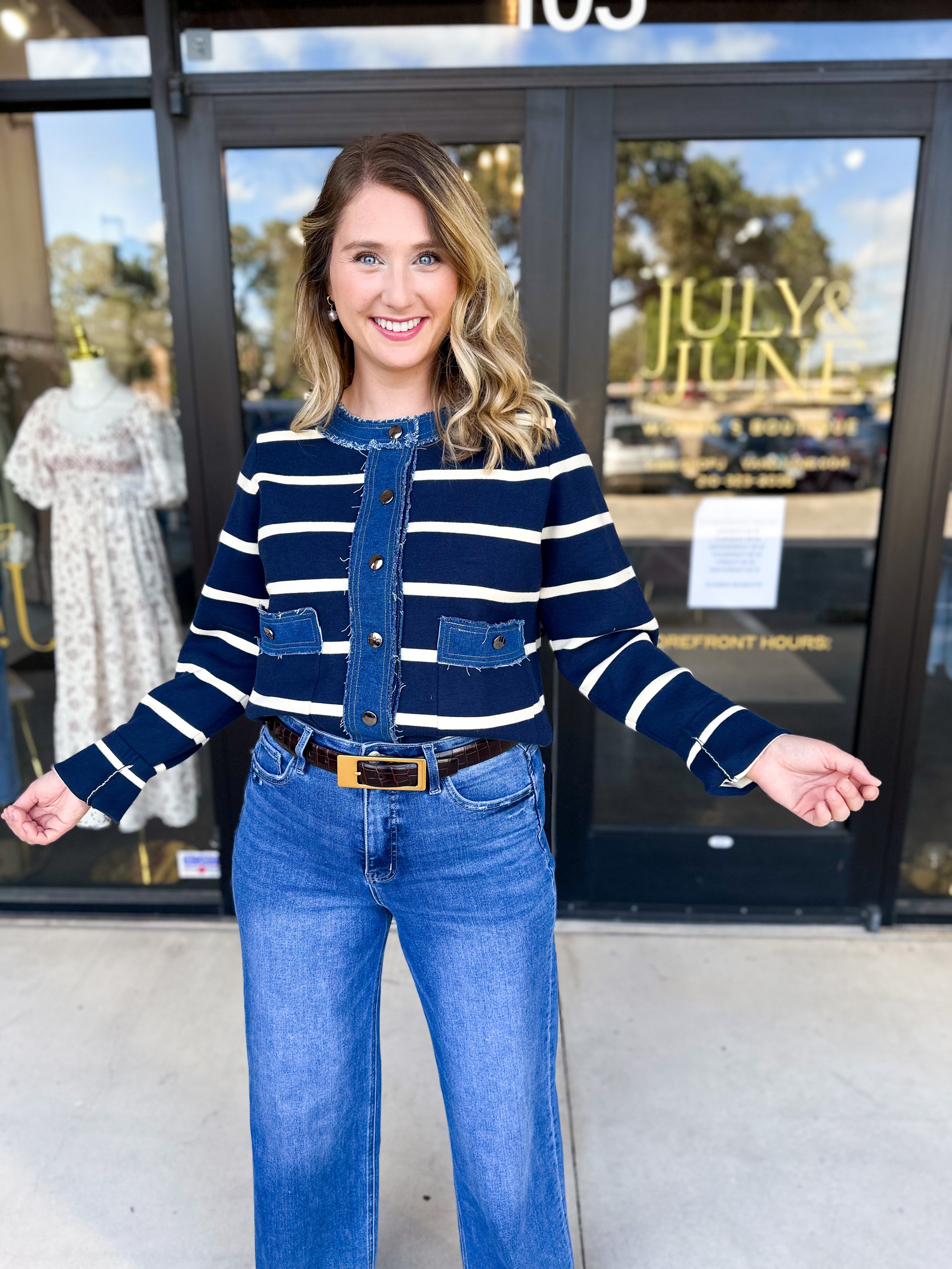 Denim Dreams Cardigan-230 Sweaters/Cardis-ENTRO-July & June Women's Fashion Boutique Located in San Antonio, Texas