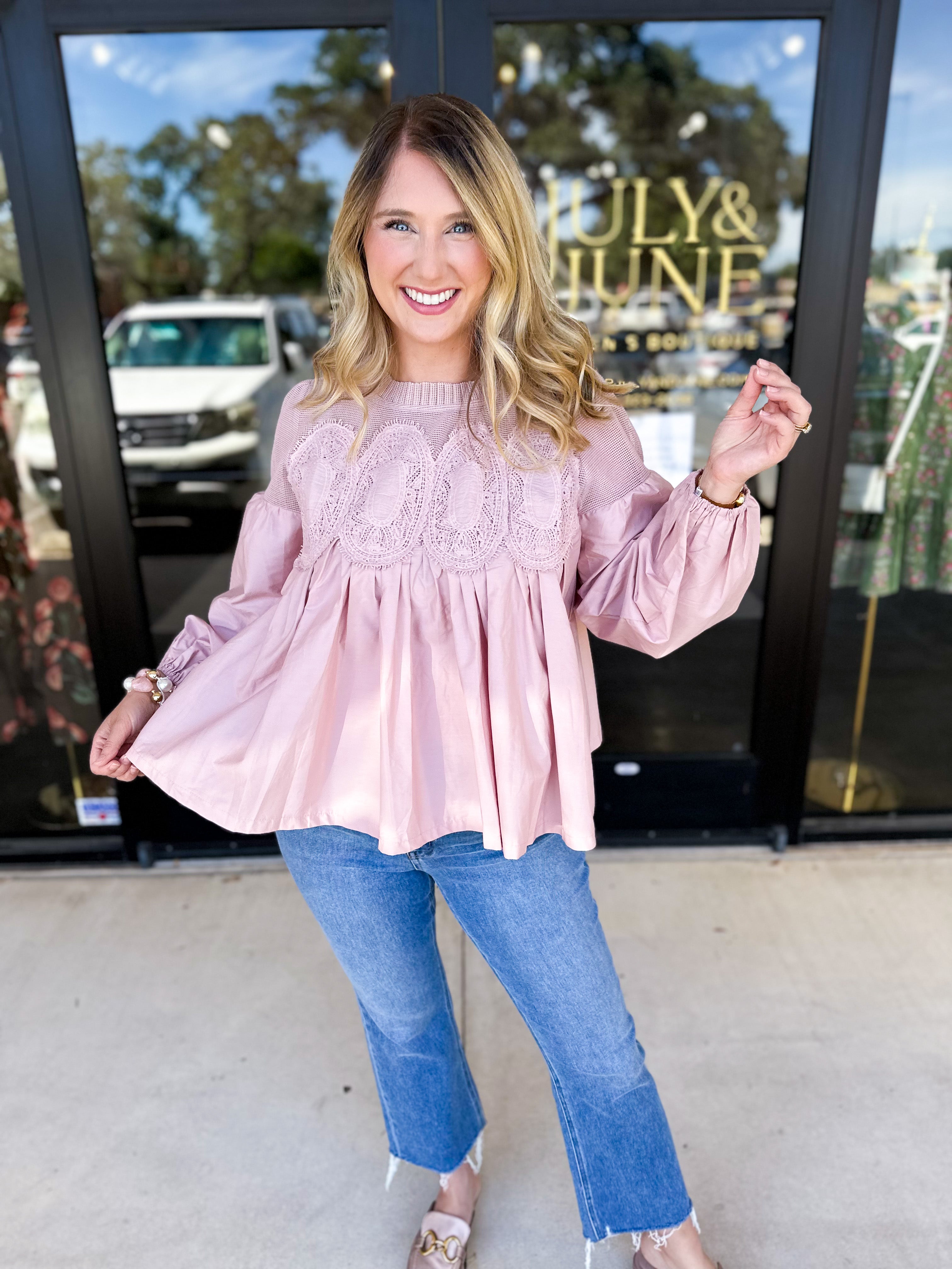 The Lace Details Blouse Long Sleeve - Blush-200 Fashion Blouses-FATE-July & June Women's Fashion Boutique Located in San Antonio, Texas