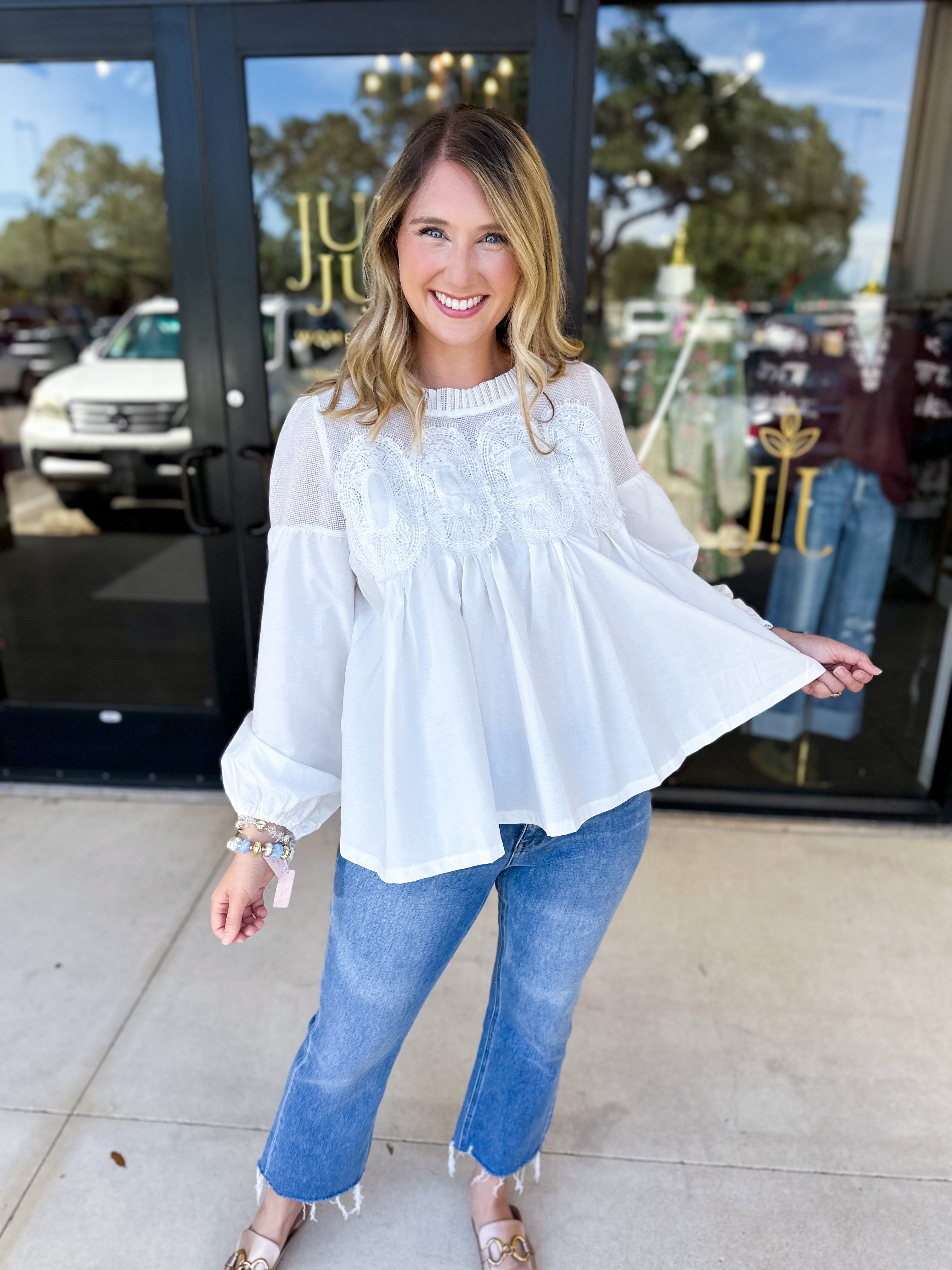 The Lace Details Blouse Long Sleeve - Ivory-200 Fashion Blouses-FATE-July & June Women's Fashion Boutique Located in San Antonio, Texas