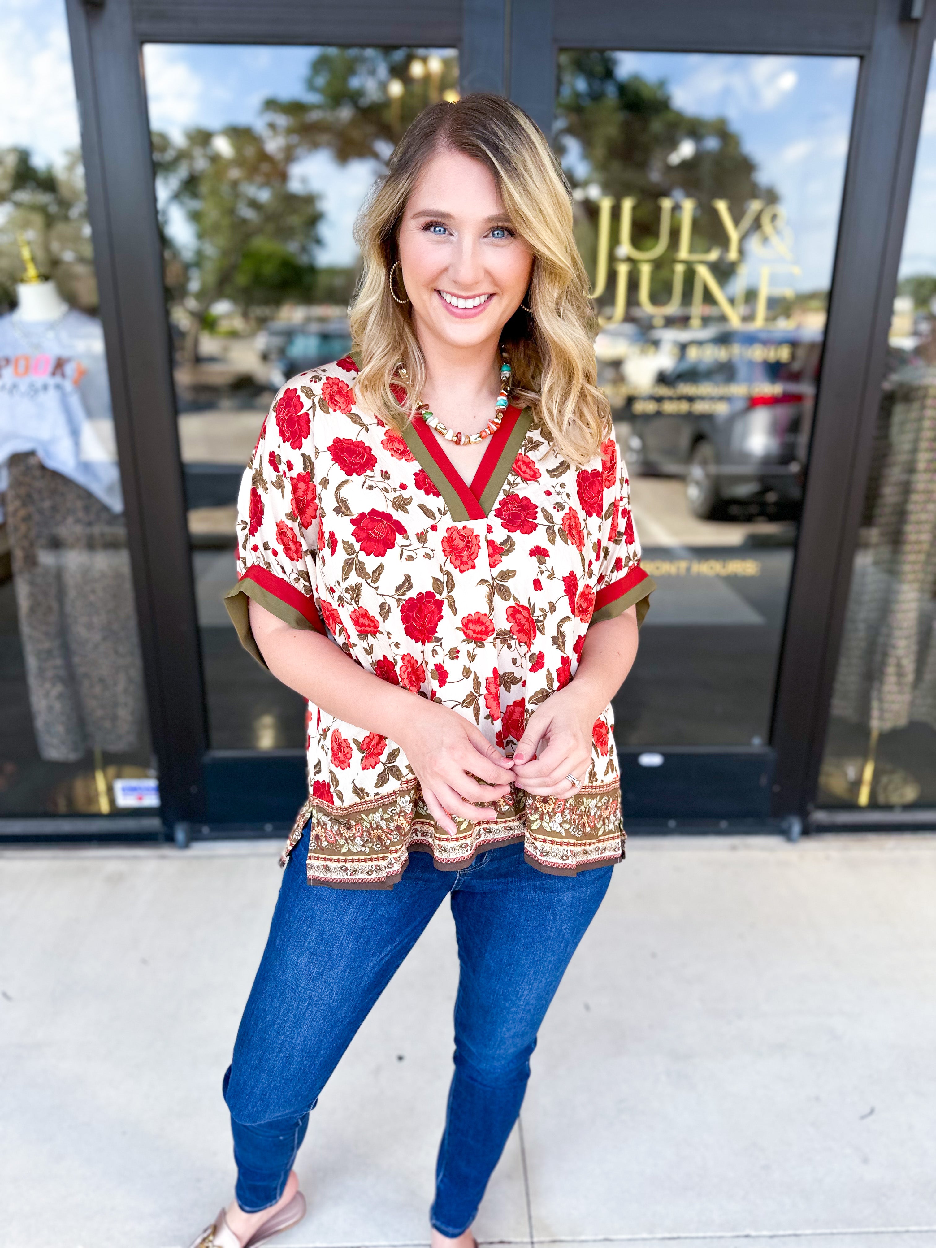 Fall Garden Blouse - Ecru-200 Fashion Blouses-ENTRO-July & June Women's Fashion Boutique Located in San Antonio, Texas