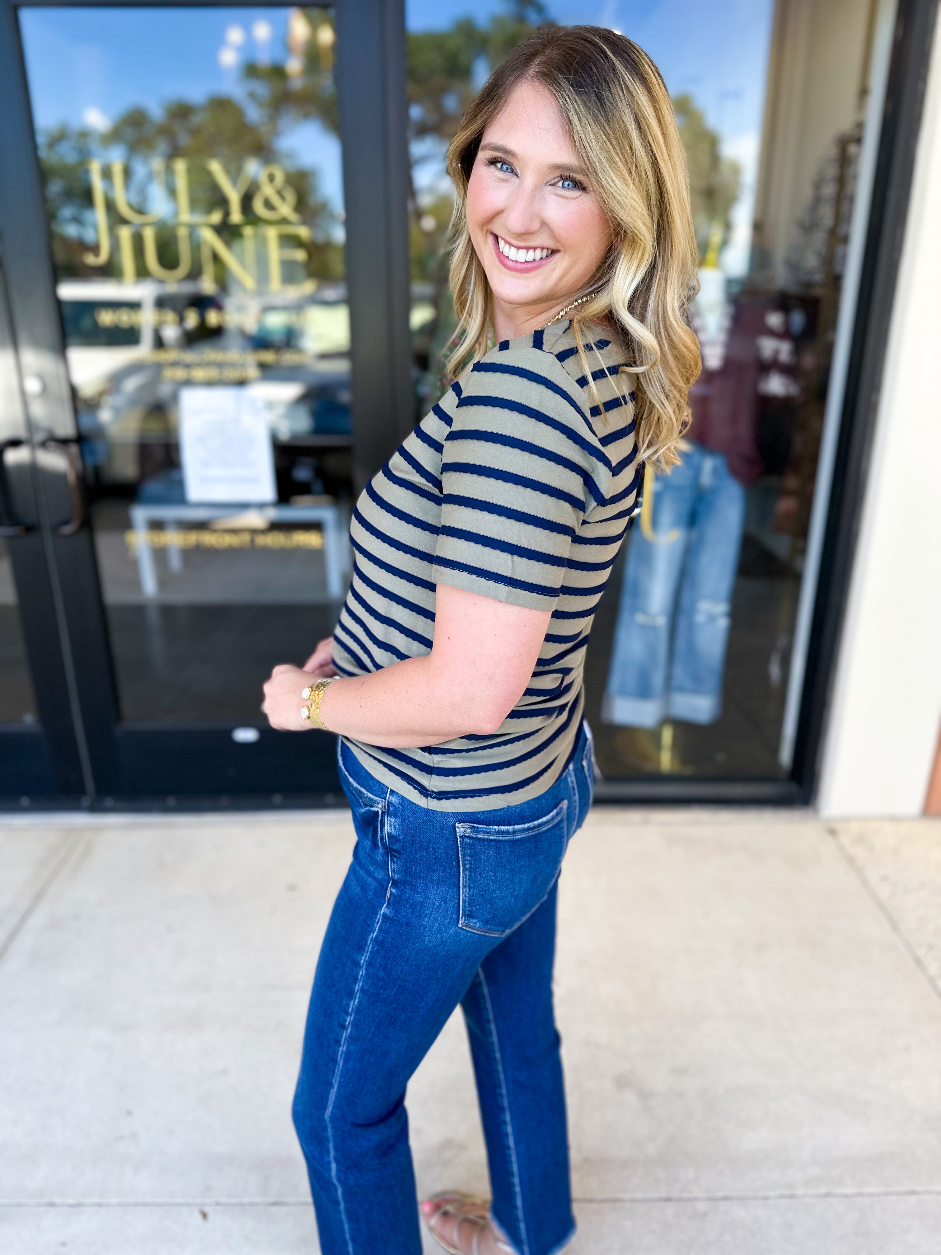 Striped Round Neck Tee - Olive-210 Casual Blouses-POLOGRAM-July & June Women's Fashion Boutique Located in San Antonio, Texas