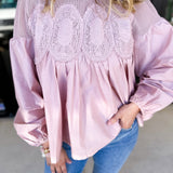The Lace Details Blouse Long Sleeve - Blush-200 Fashion Blouses-FATE-July & June Women's Fashion Boutique Located in San Antonio, Texas