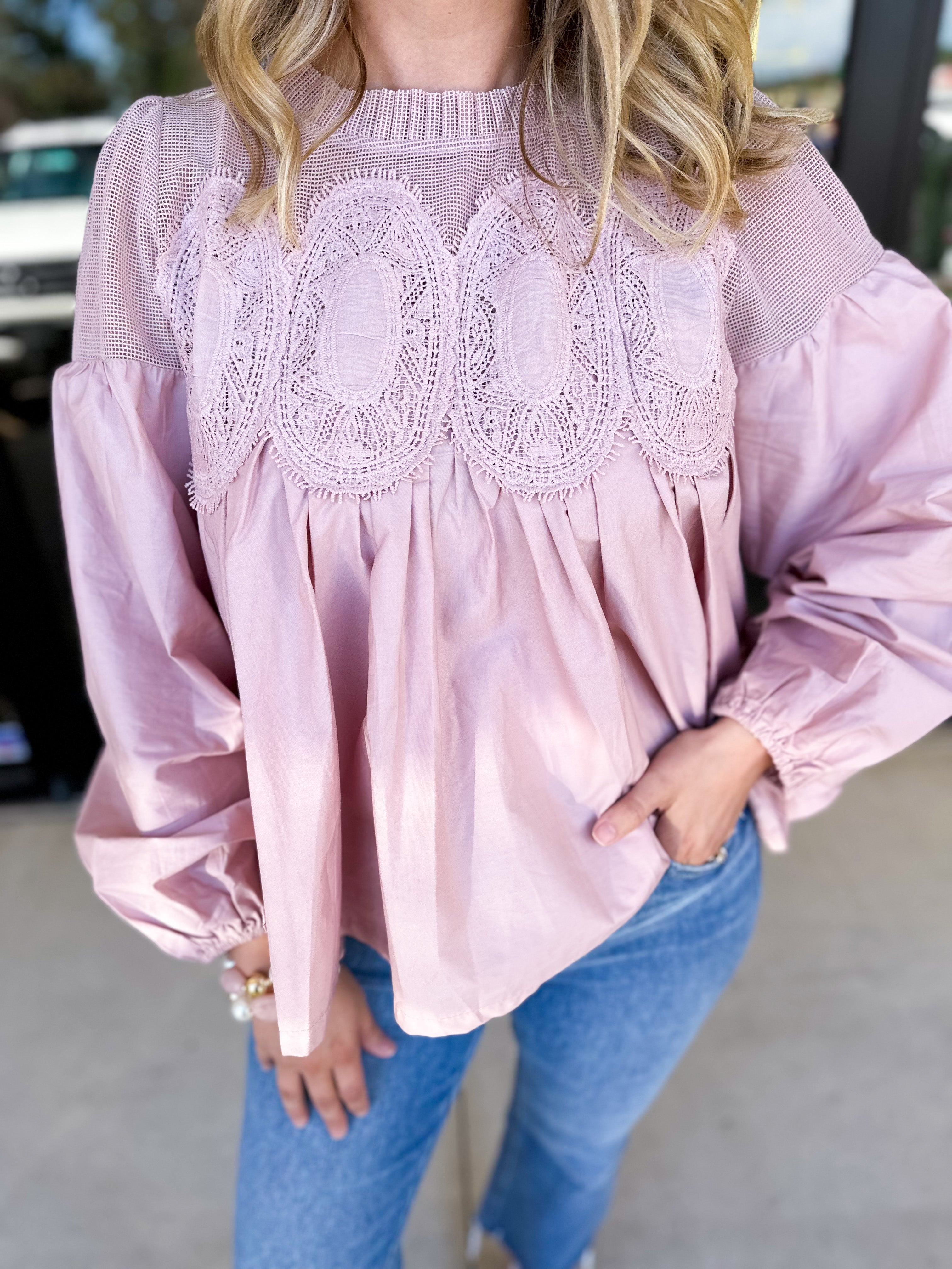 The Lace Details Blouse Long Sleeve - Blush-200 Fashion Blouses-FATE-July & June Women's Fashion Boutique Located in San Antonio, Texas