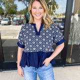 The Fall Peplum Top - Navy-200 Fashion Blouses-ENTRO-July & June Women's Fashion Boutique Located in San Antonio, Texas