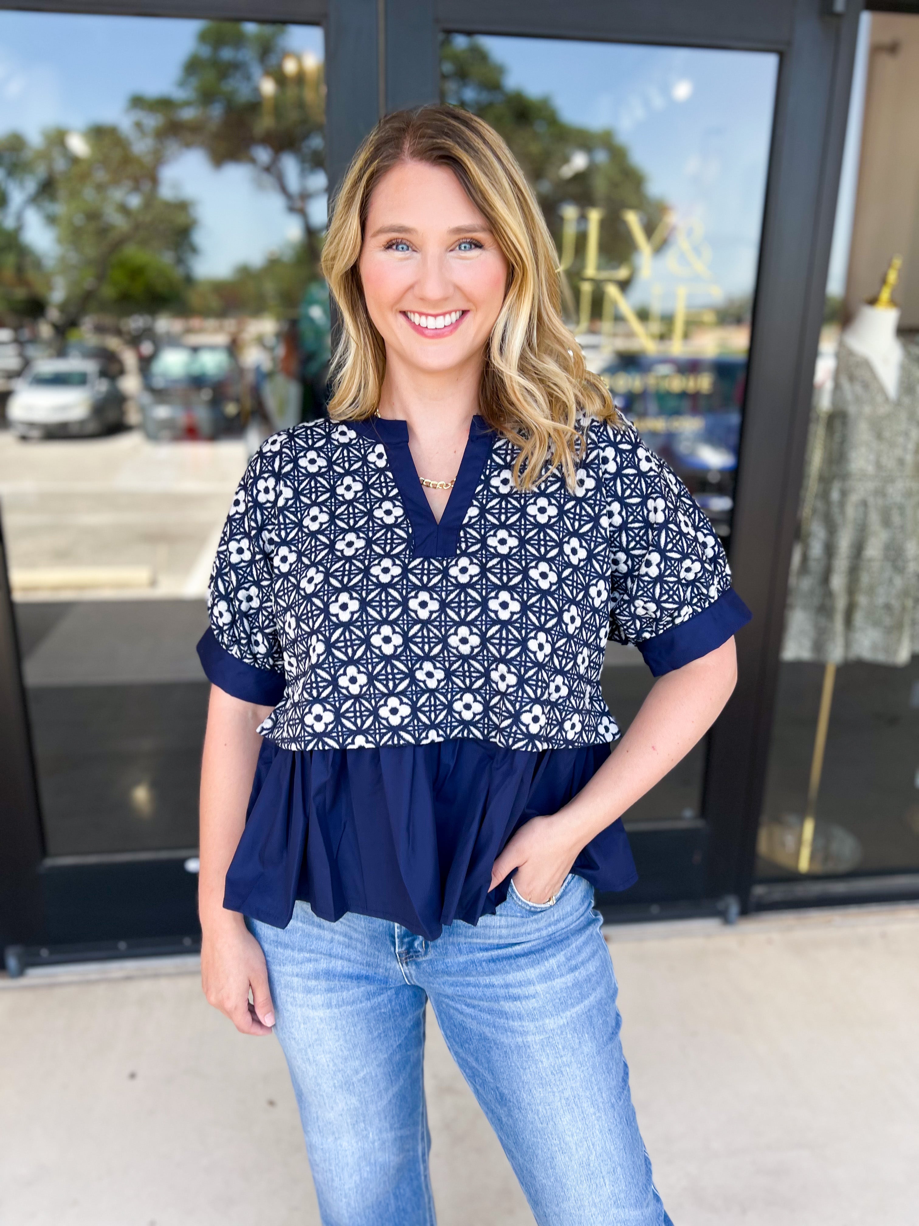 The Fall Peplum Top - Navy-200 Fashion Blouses-ENTRO-July & June Women's Fashion Boutique Located in San Antonio, Texas