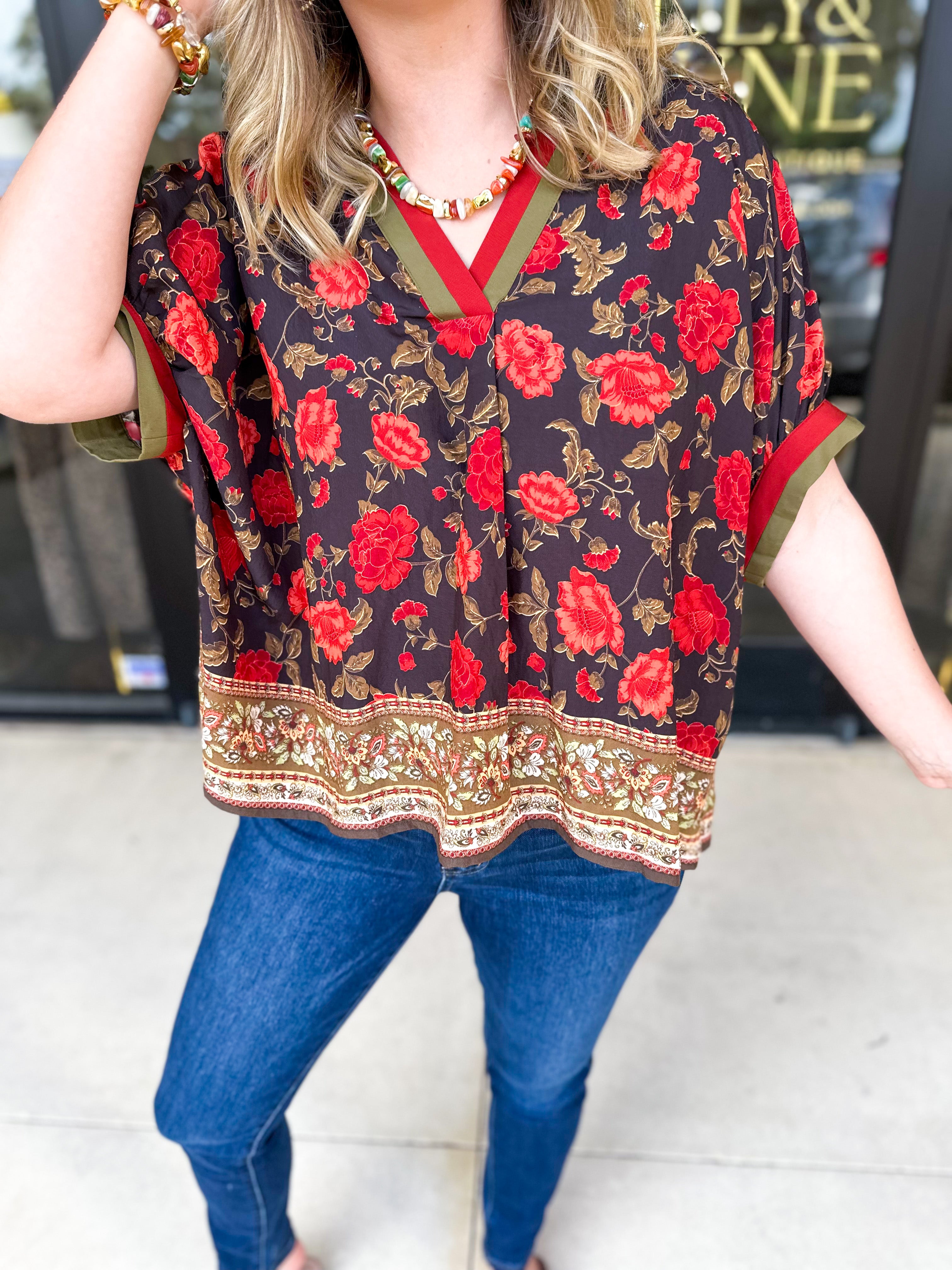 Fall Garden Blouse - Black-200 Fashion Blouses-ENTRO-July & June Women's Fashion Boutique Located in San Antonio, Texas