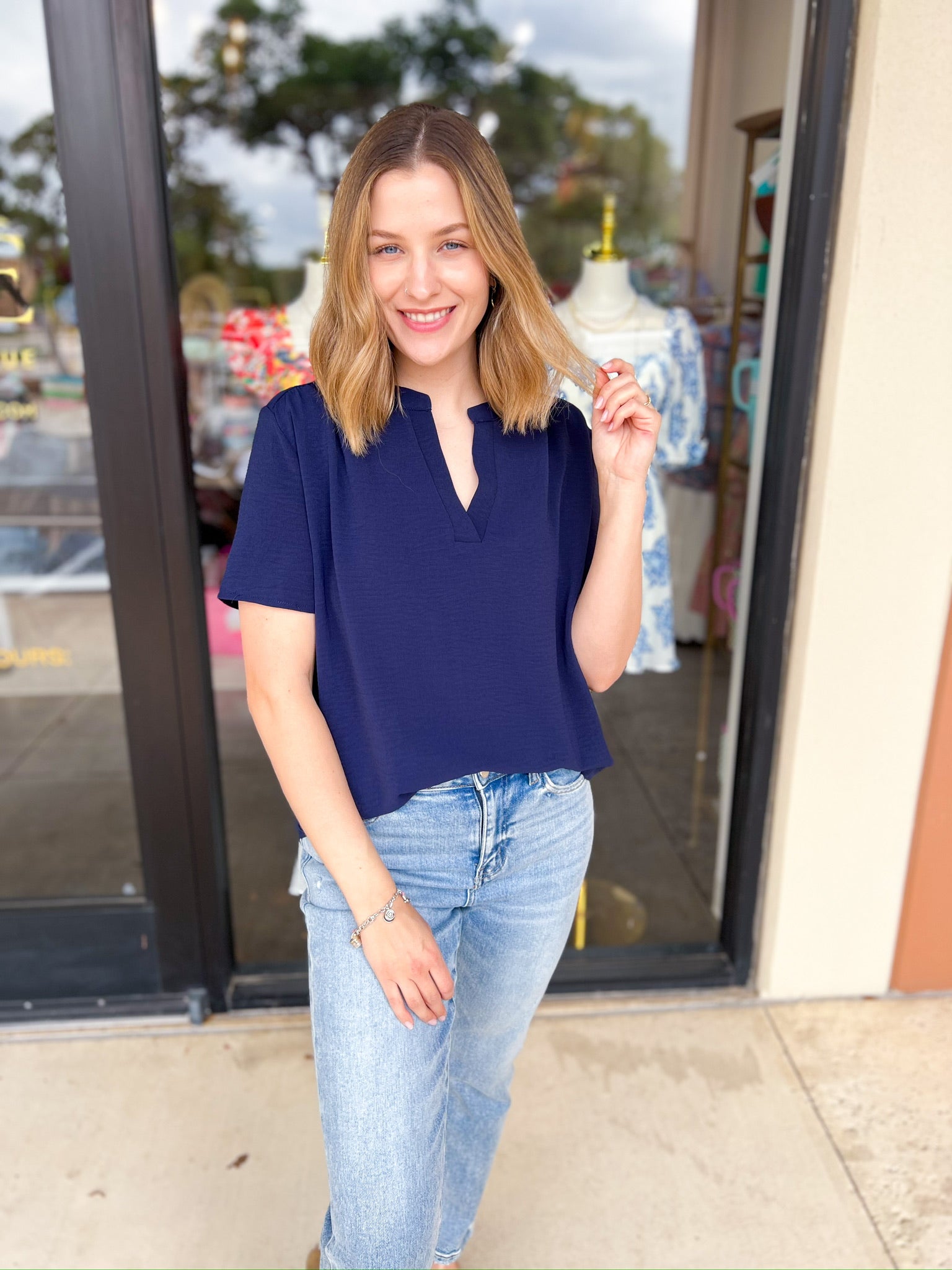 Classic V-Neck Blouse - Navy-200 Fashion Blouses-ENTRO-July & June Women's Fashion Boutique Located in San Antonio, Texas