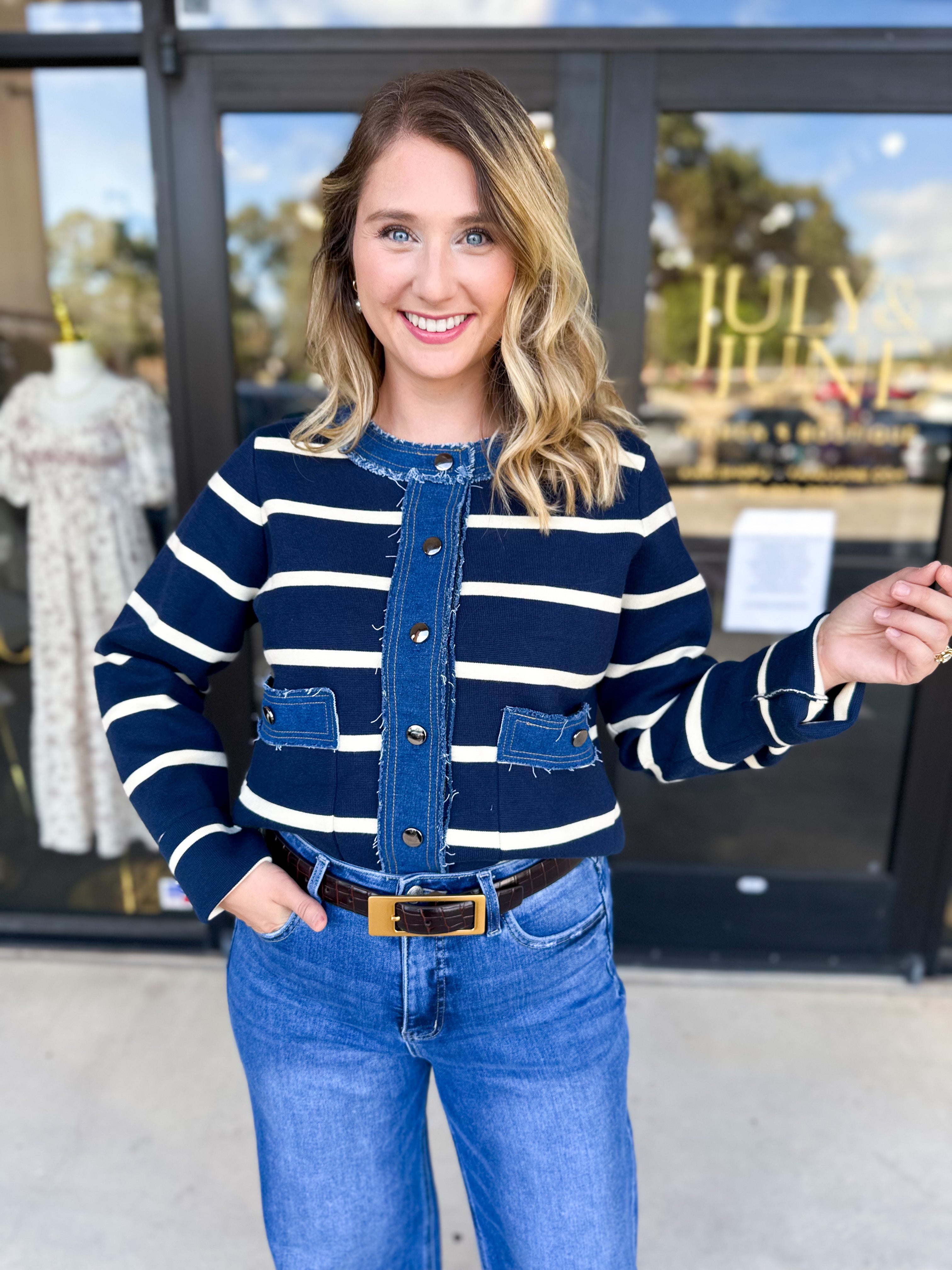 Denim Dreams Cardigan-230 Sweaters/Cardis-ENTRO-July & June Women's Fashion Boutique Located in San Antonio, Texas