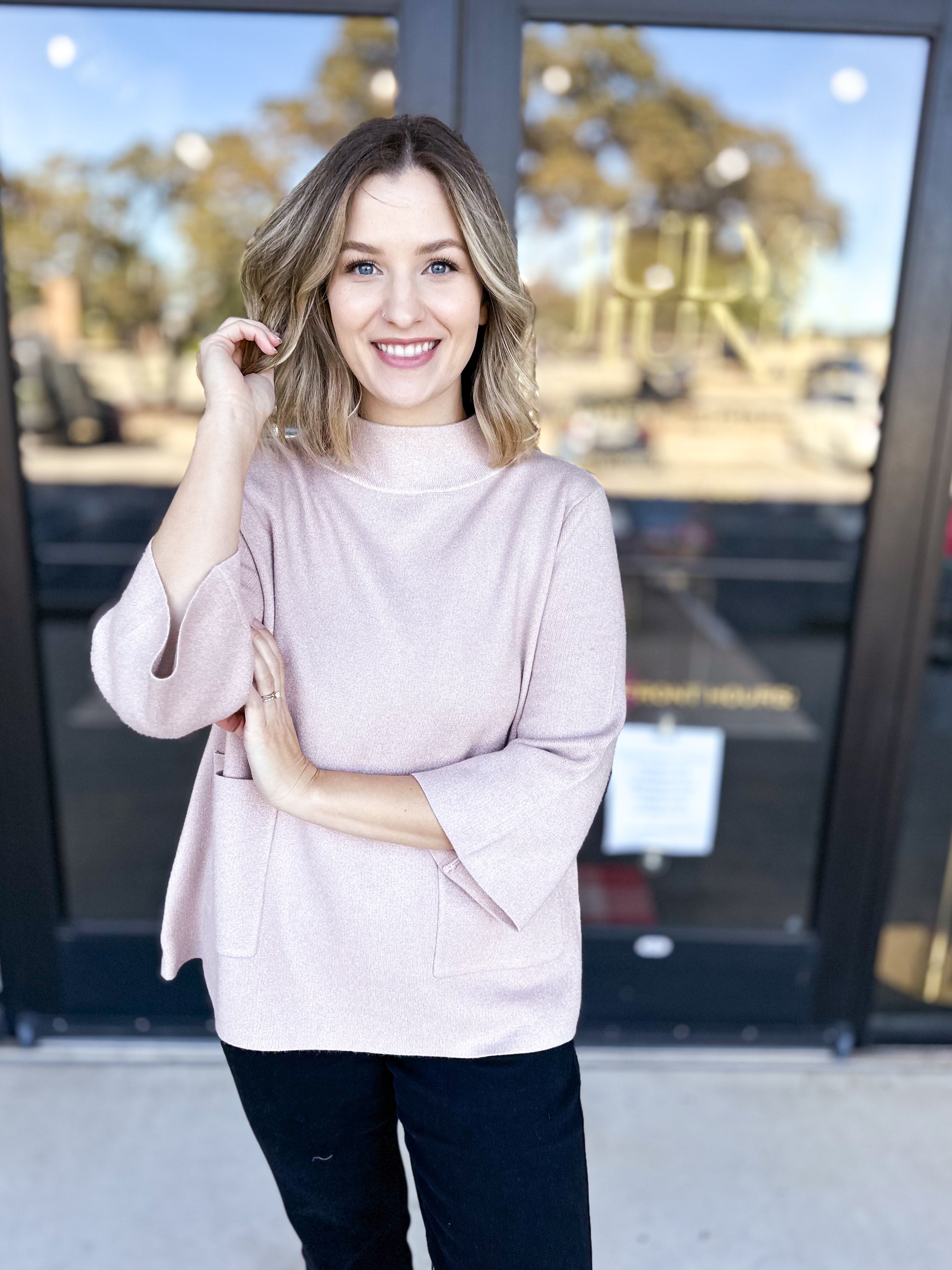 Sparkle Mock Neck Sweater- Rosé-230 Sweaters/Cardis-FATE-July & June Women's Fashion Boutique Located in San Antonio, Texas