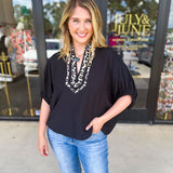 Varsity Cheetah Detail Blouse - Black-200 Fashion Blouses-ENTRO-July & June Women's Fashion Boutique Located in San Antonio, Texas