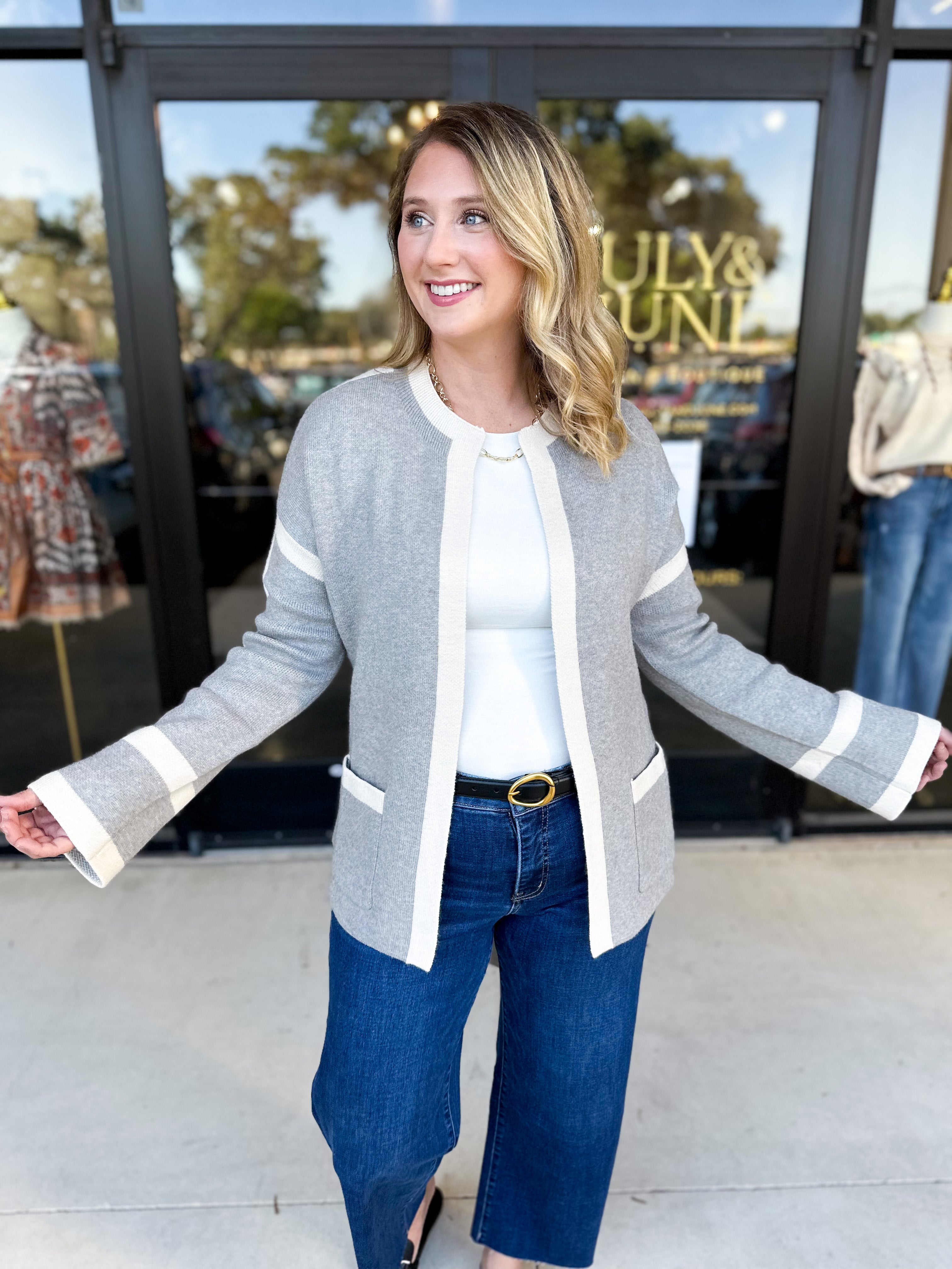 THML - Grey Color Block Cardigan-230 Sweaters/Cardis-THML-July & June Women's Fashion Boutique Located in San Antonio, Texas