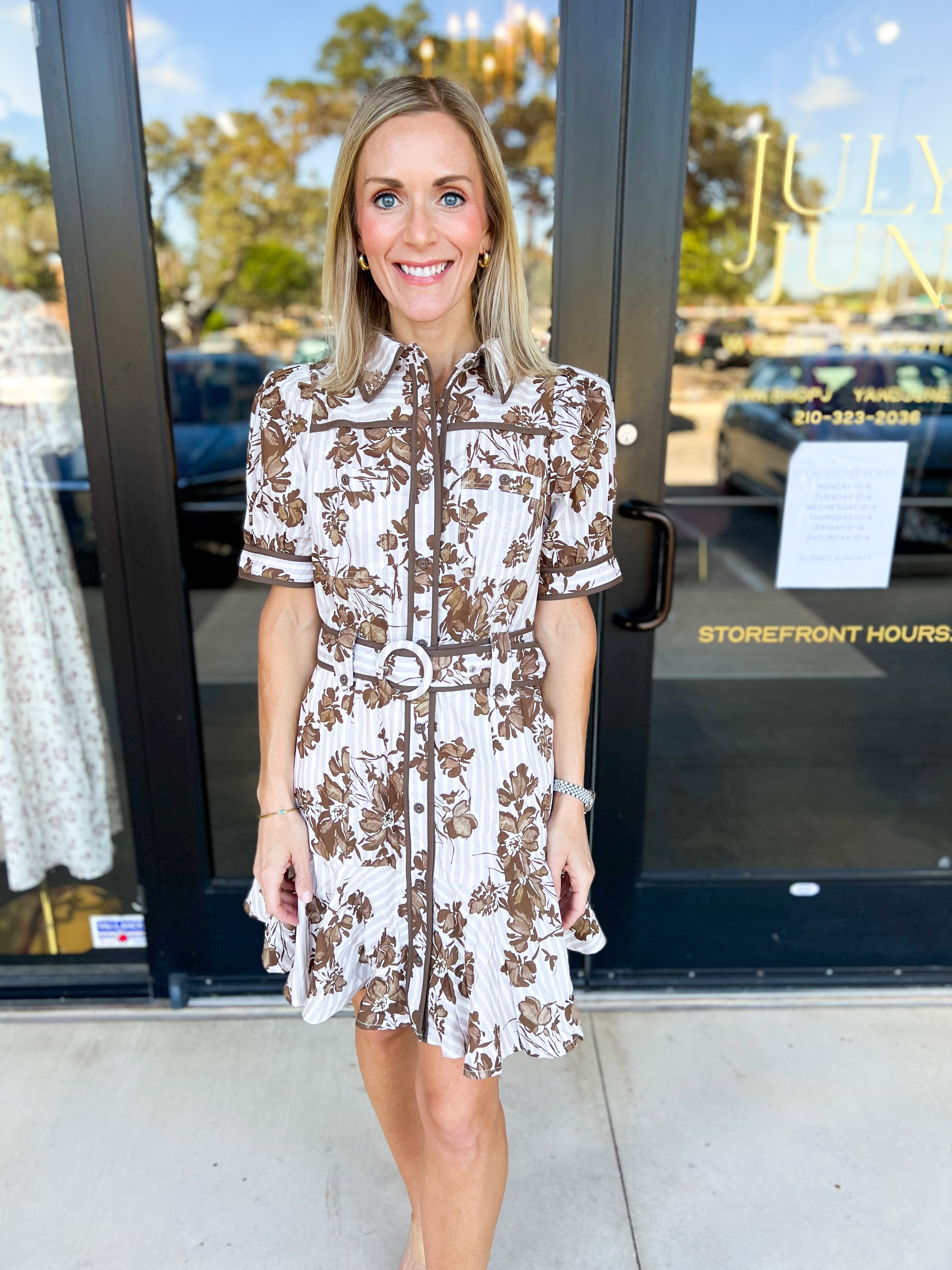 Mocha Floral & Stripe Mini Dress-510 Mini-ENTRO-July & June Women's Fashion Boutique Located in San Antonio, Texas