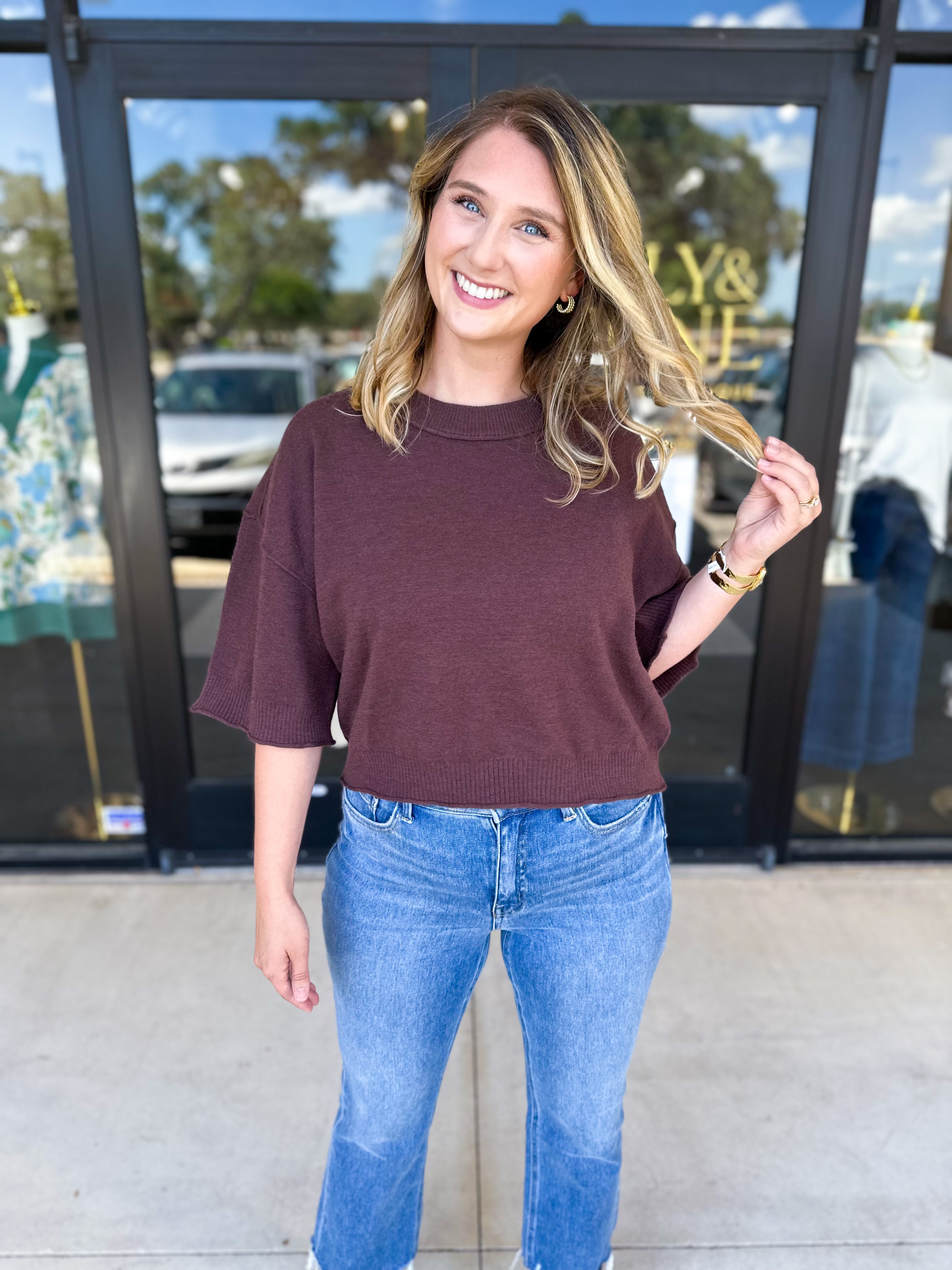 The Kimmy Sweater Top - Brown-230 Sweaters/Cardis-ENTRO-July & June Women's Fashion Boutique Located in San Antonio, Texas