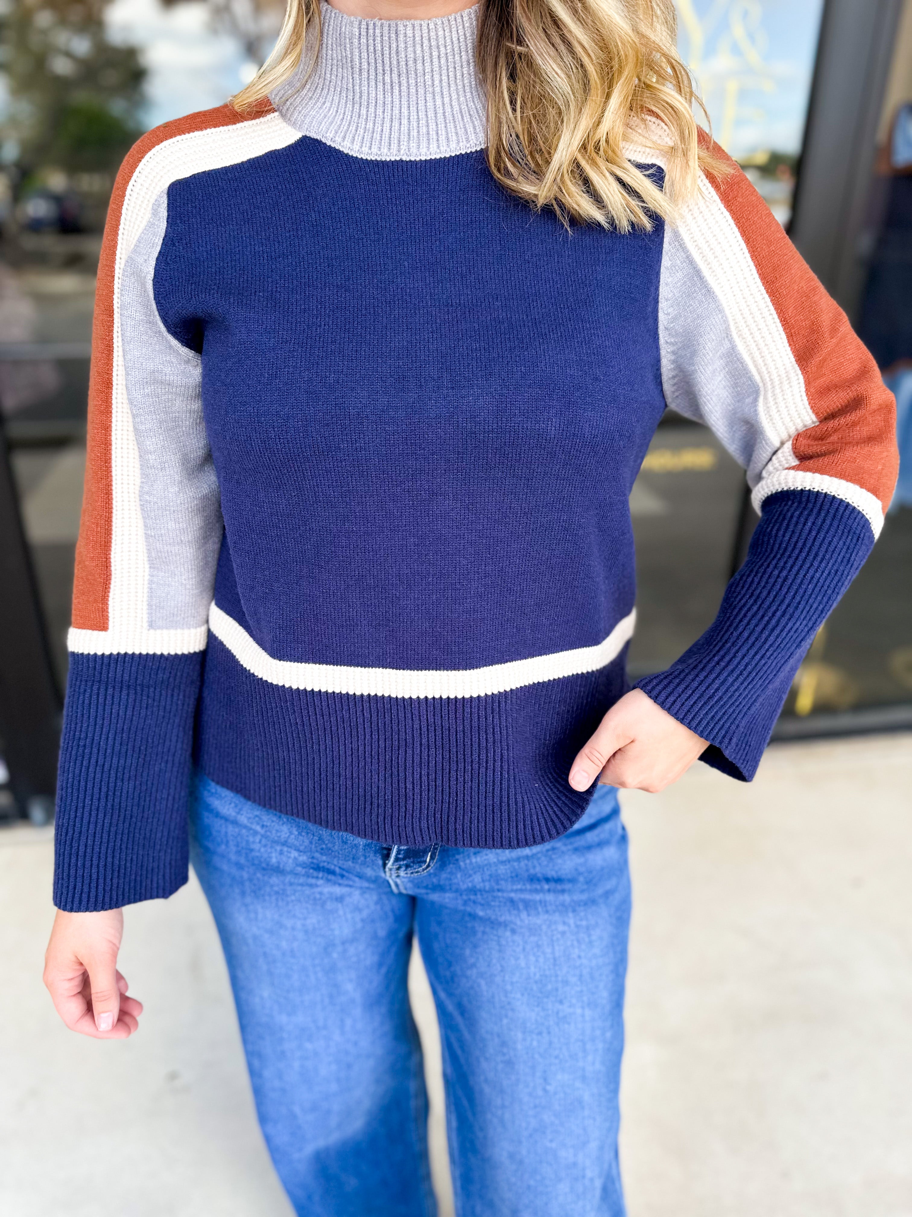 THML - Navy & Rust Sweter-230 Sweaters/Cardis-THML-July & June Women's Fashion Boutique Located in San Antonio, Texas