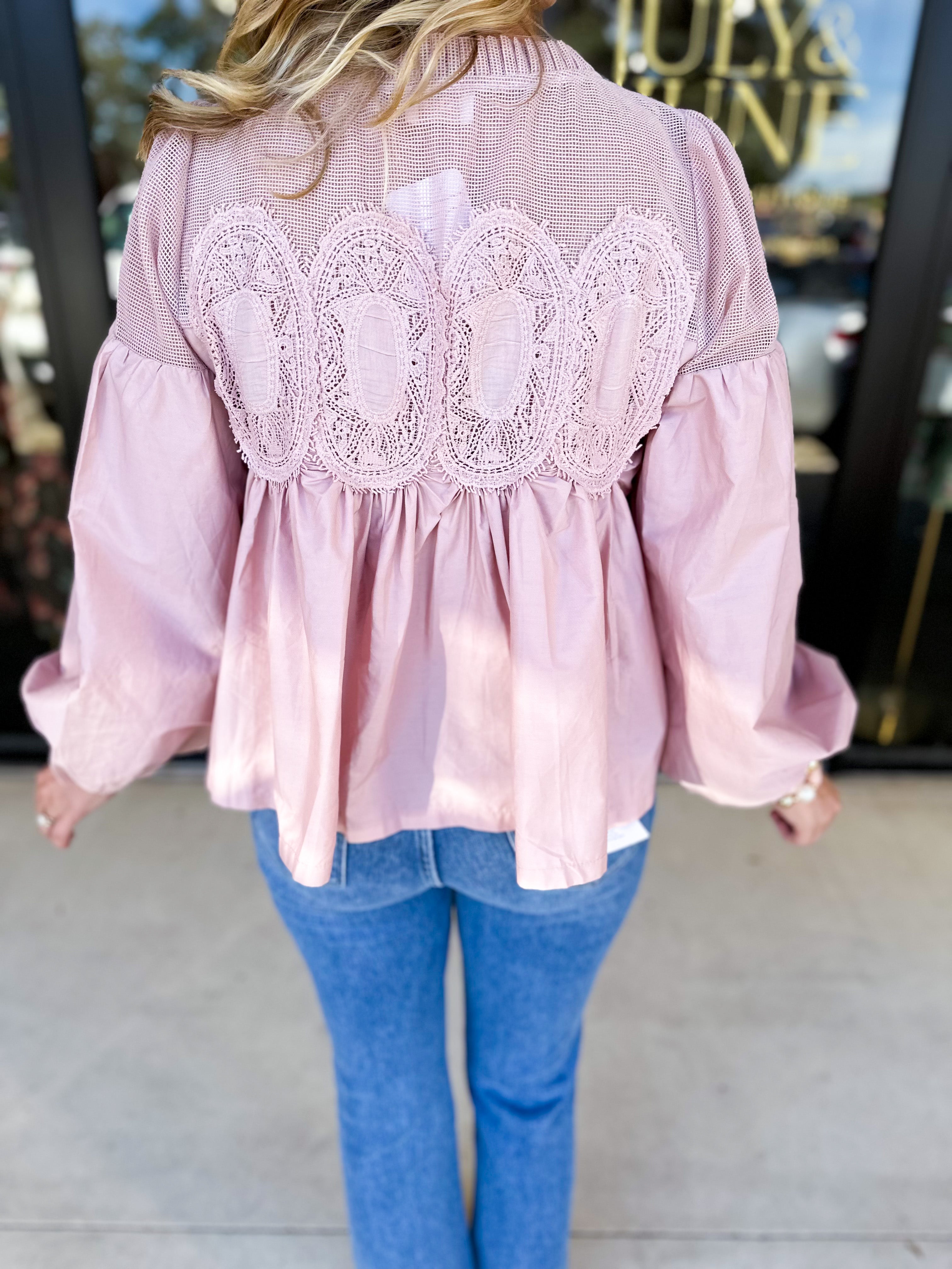 The Lace Details Blouse Long Sleeve - Blush-200 Fashion Blouses-FATE-July & June Women's Fashion Boutique Located in San Antonio, Texas