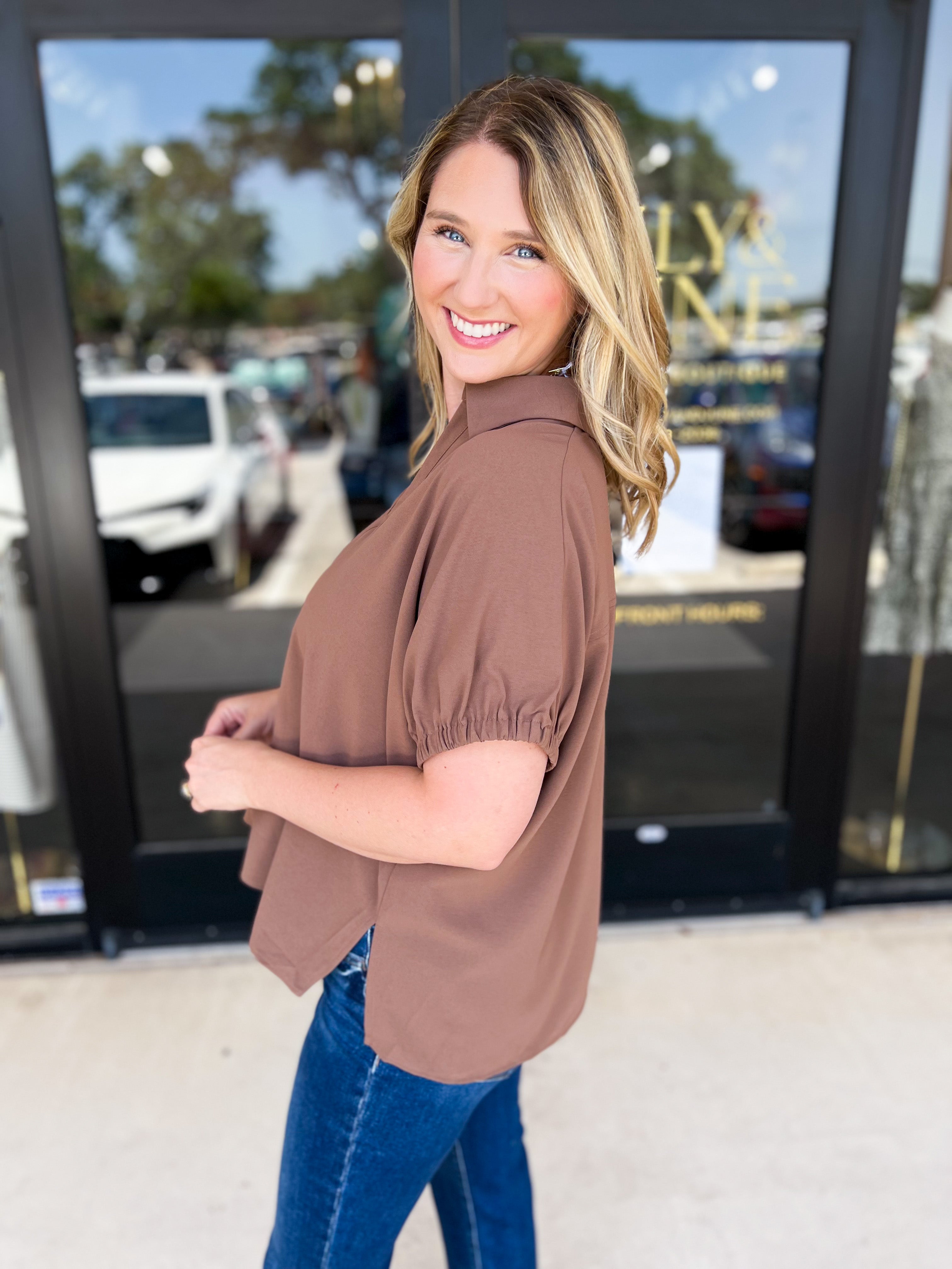 Closet Staple Collared Blouse - Mocha-200 Fashion Blouses-ENTRO-July & June Women's Fashion Boutique Located in San Antonio, Texas