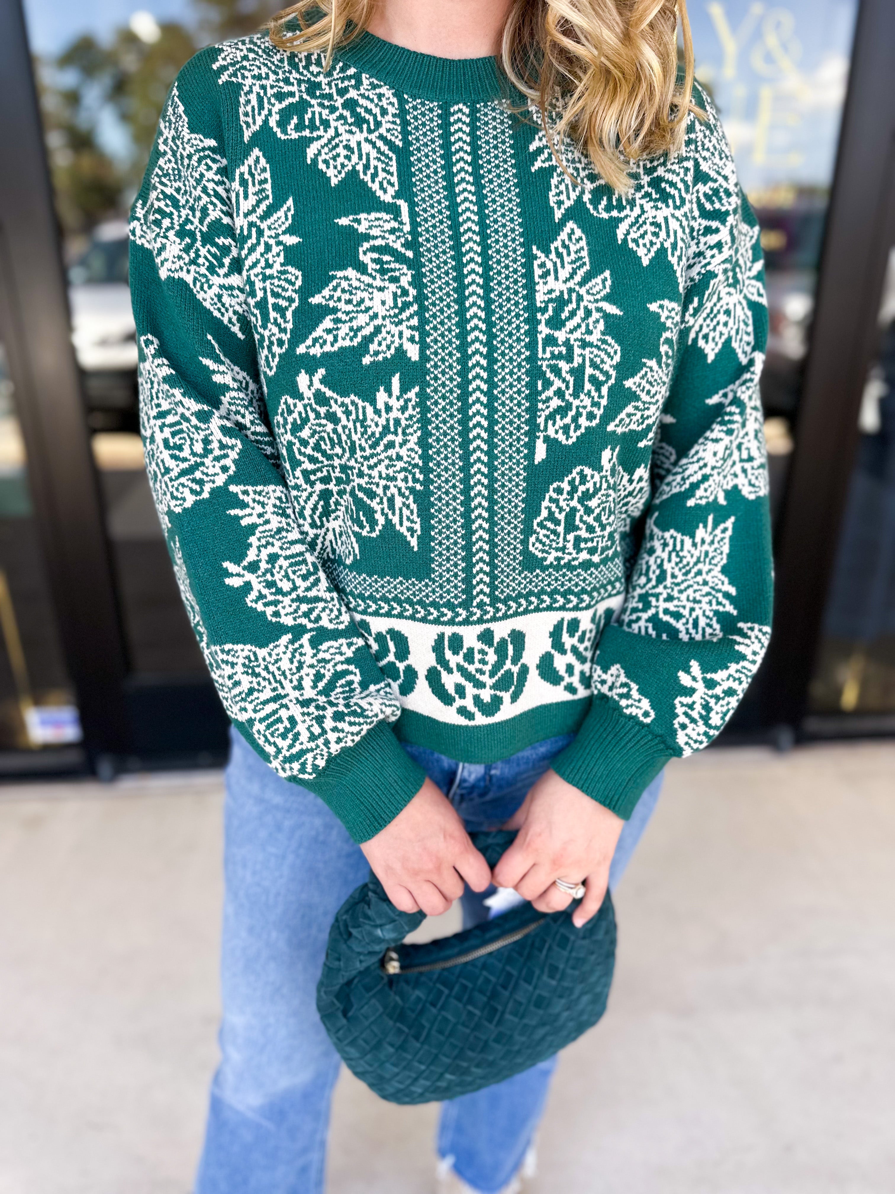 Pine Green Floral Sweater-230 Sweaters/Cardis-ENTRO-July & June Women's Fashion Boutique Located in San Antonio, Texas