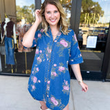 Feminine Floral Denim Mini Dress-510 Mini-ENTRO-July & June Women's Fashion Boutique Located in San Antonio, Texas