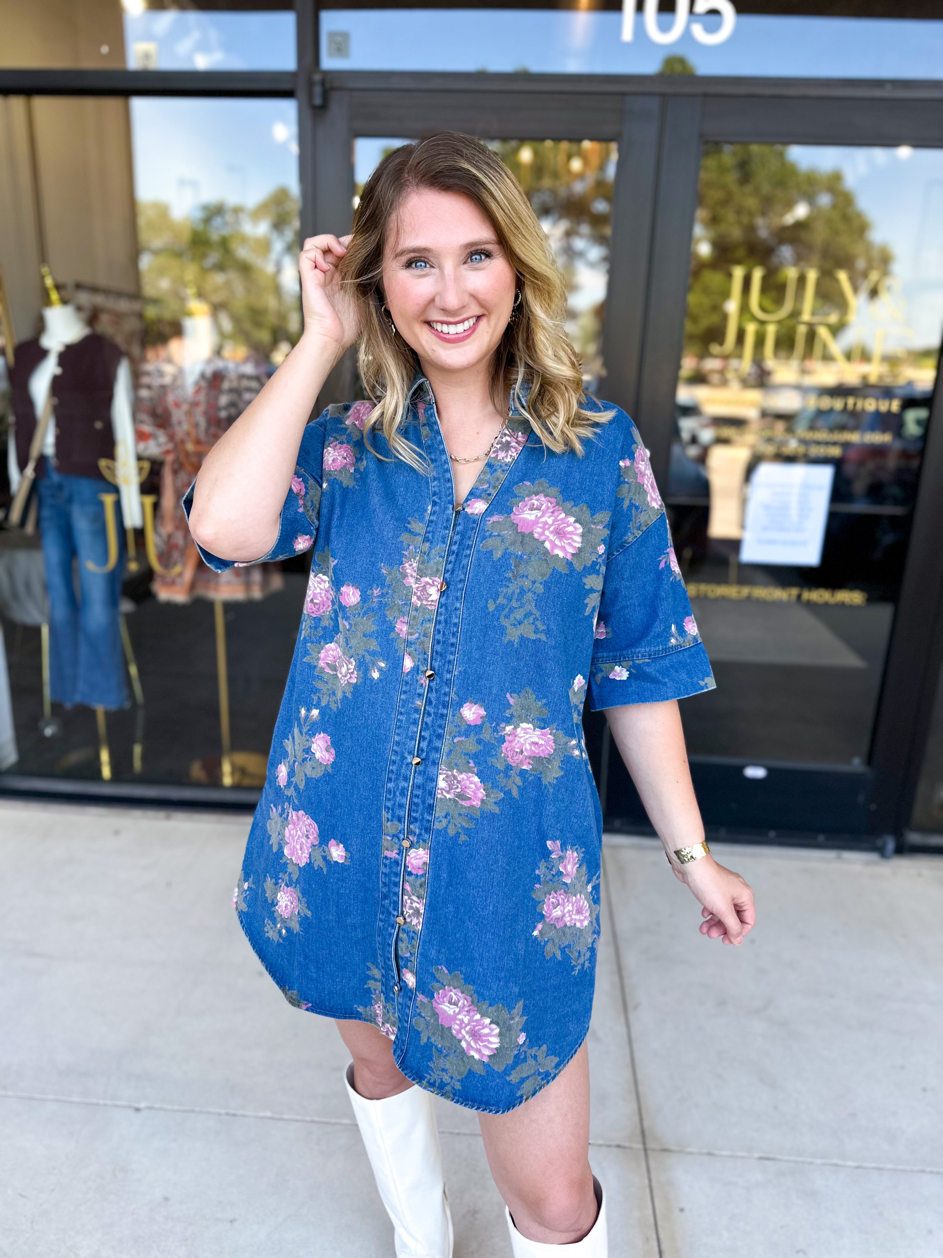 Feminine Floral Denim Mini Dress-510 Mini-ENTRO-July & June Women's Fashion Boutique Located in San Antonio, Texas