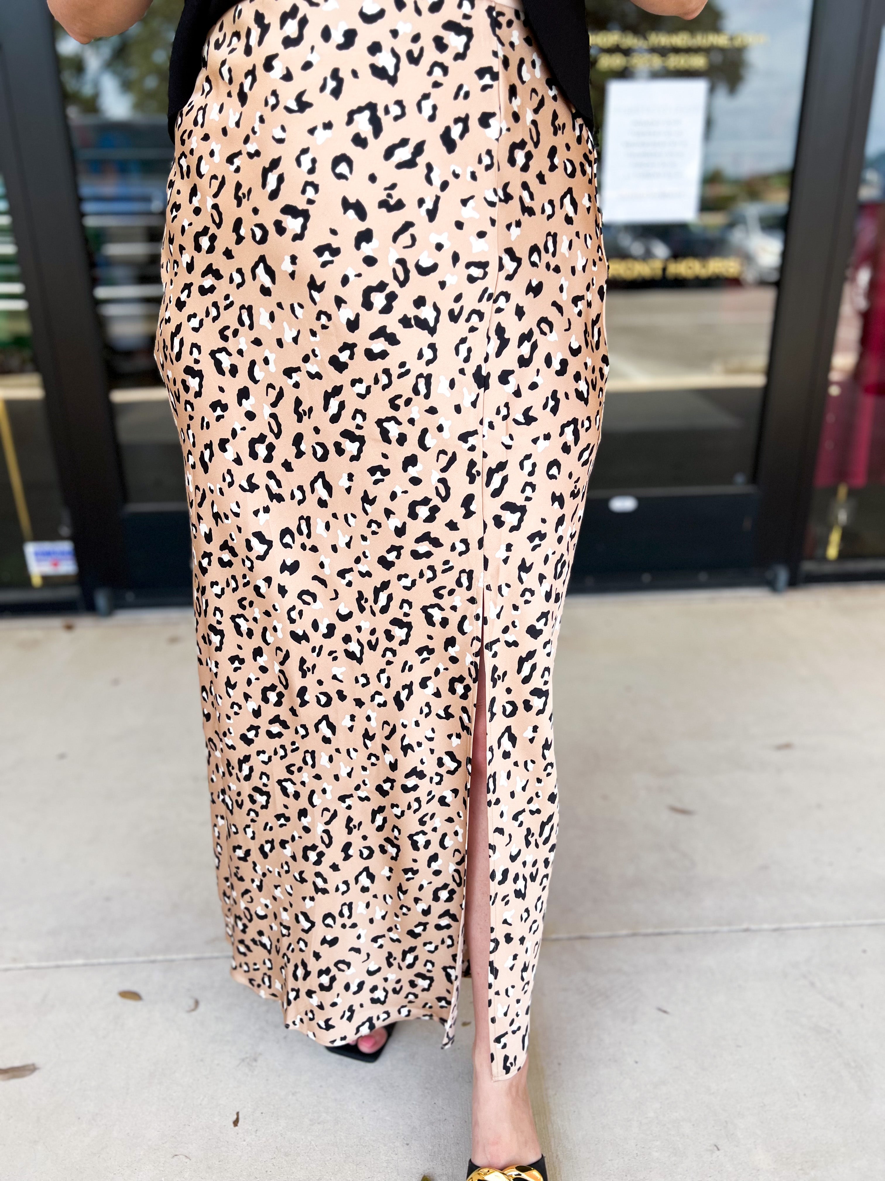 Cheetah Satin Midi Skirt-410 Shorts/Skirts-SKIES ARE BLUE-July & June Women's Fashion Boutique Located in San Antonio, Texas