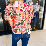 THML - Pink & Olive Abstract Blouse-200 Fashion Blouses-THML-July & June Women's Fashion Boutique Located in San Antonio, Texas