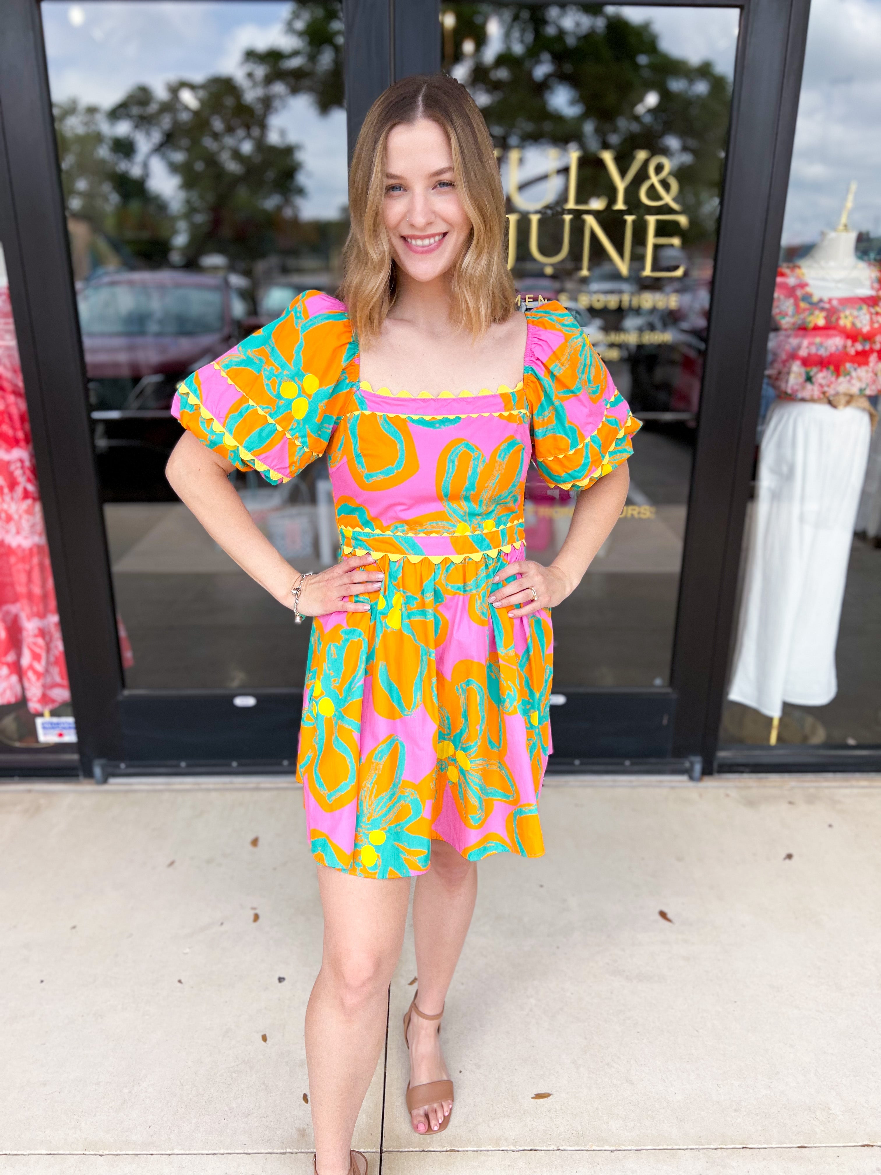 Bold Print Pink & Orange Mini Dress-510 Mini-PEACH LOVE-July & June Women's Fashion Boutique Located in San Antonio, Texas