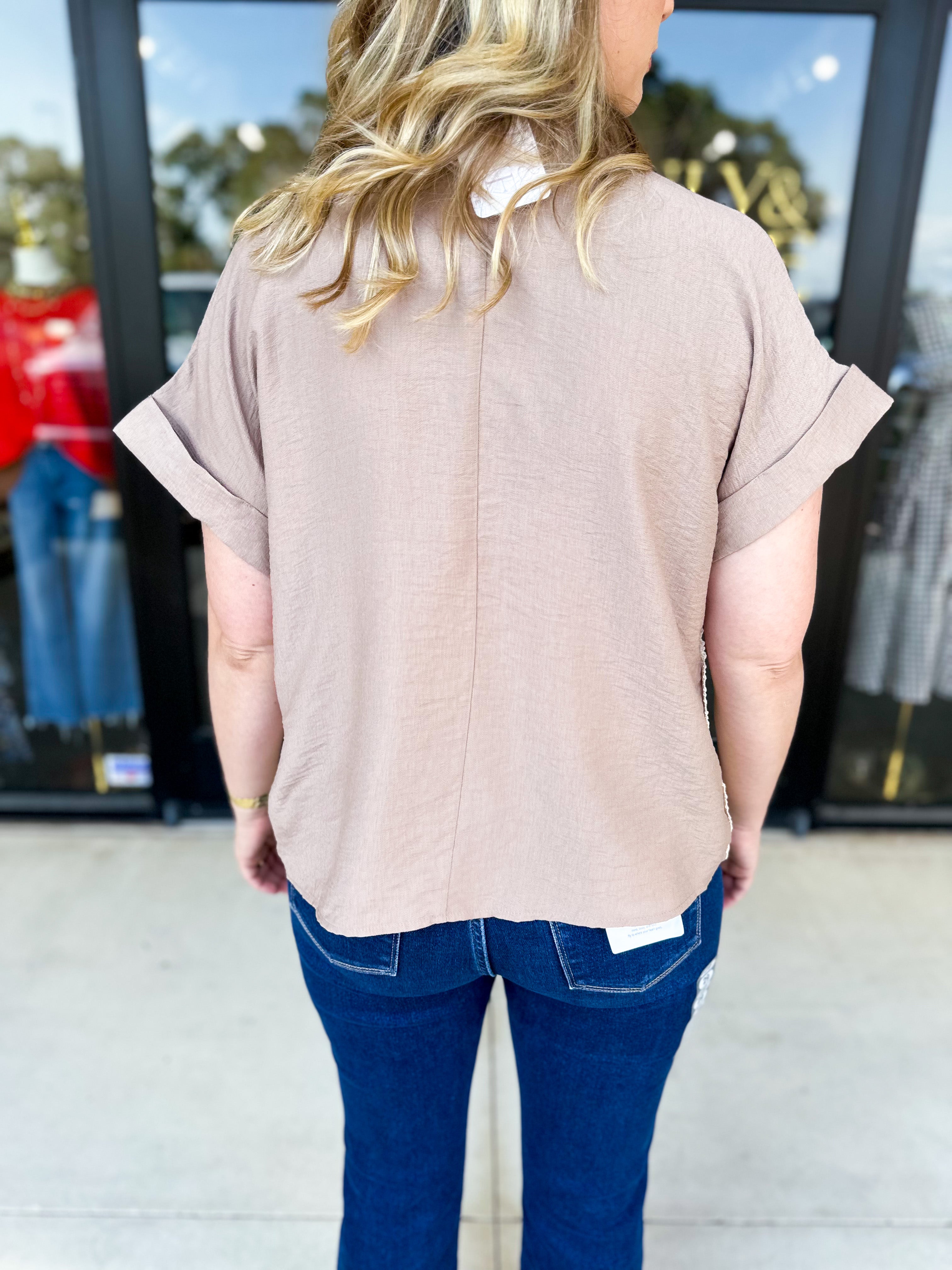 Taupe Crochet Blouse-200 Fashion Blouses-ENTRO-July & June Women's Fashion Boutique Located in San Antonio, Texas